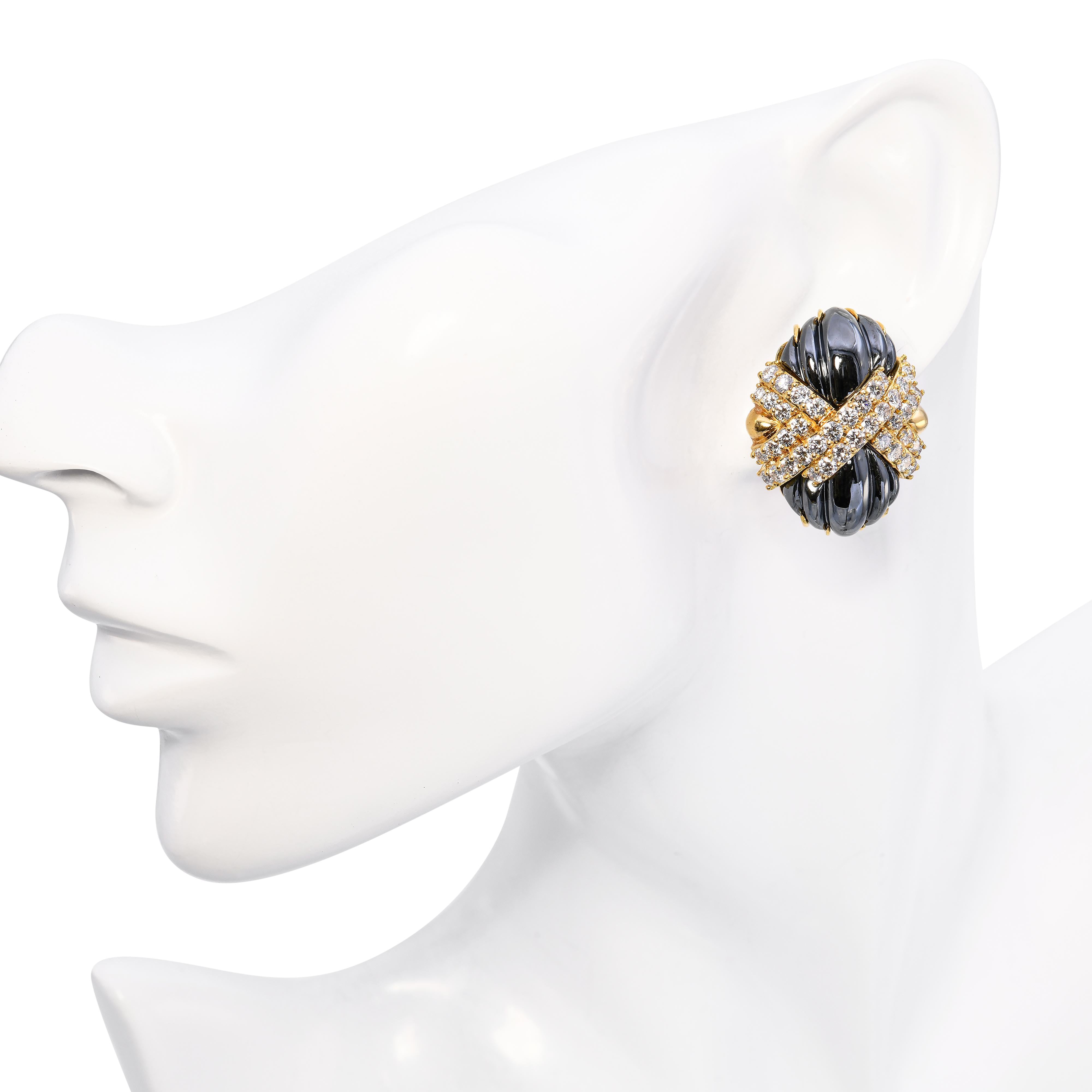 Hammerman Brothers 18k Yellow Gold Diamond and Hematite Huggie Earrings