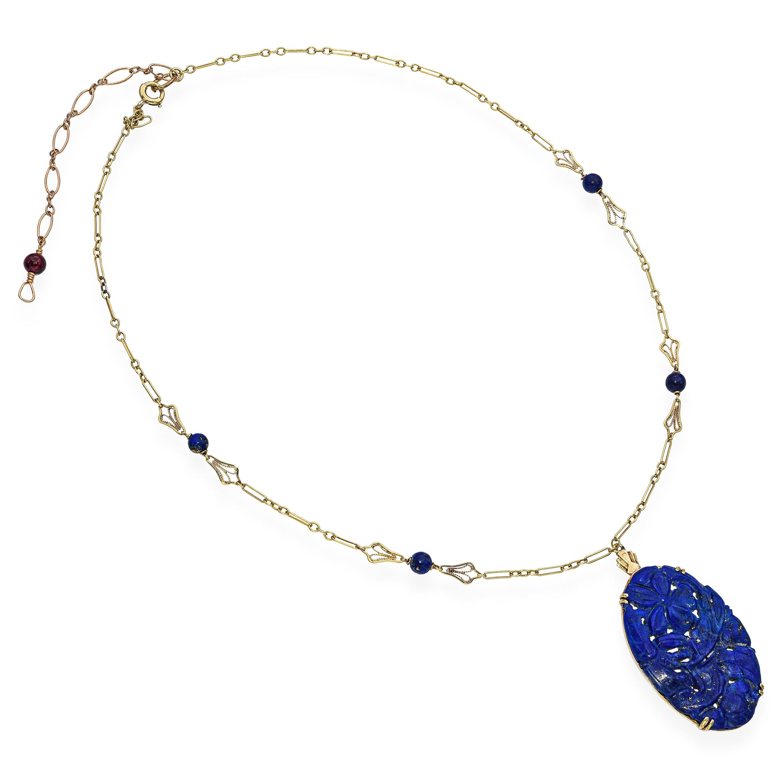 Vintage 13k Yellow Gold Carved Lapis Lazuli Pendant Necklace