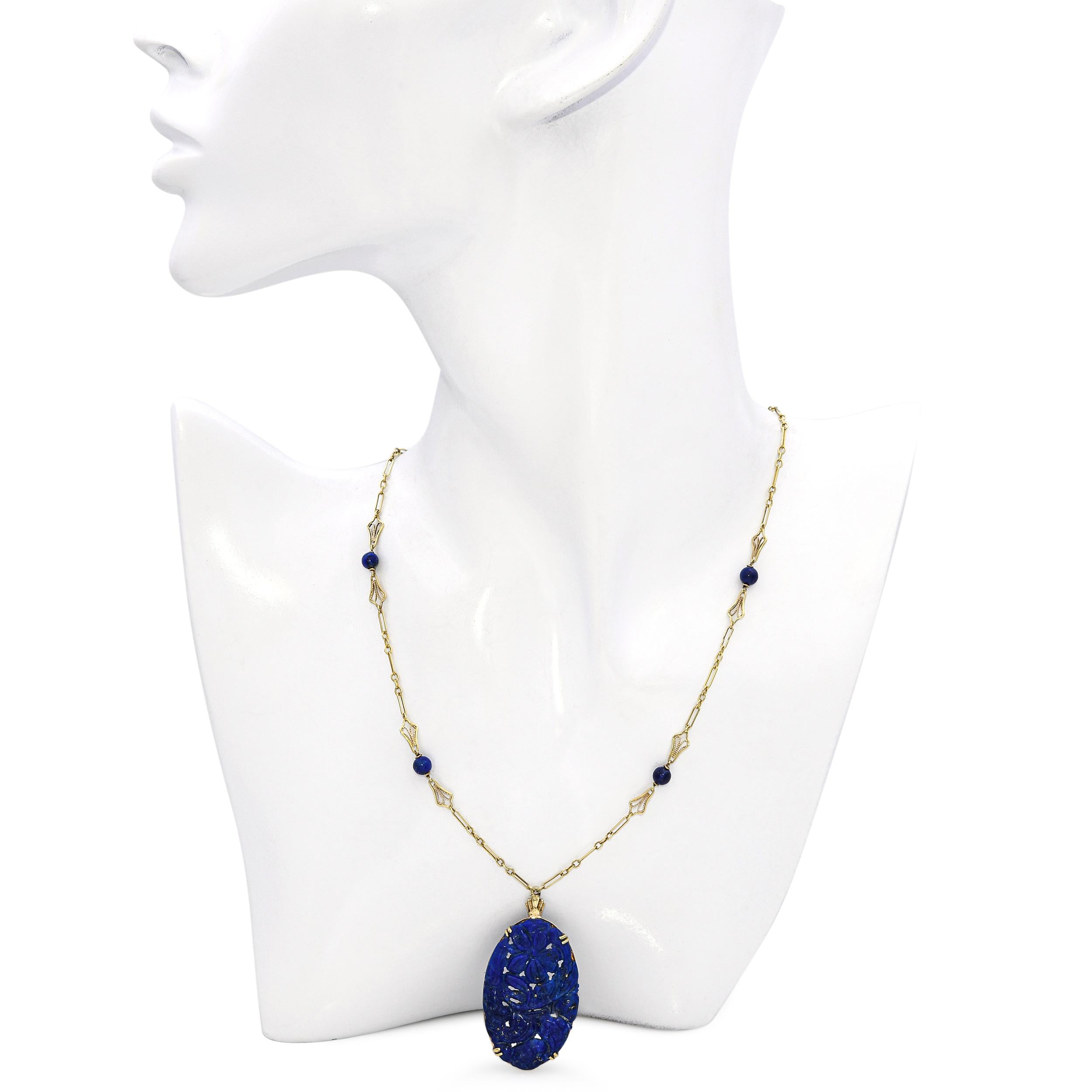 Vintage 13k Yellow Gold Carved Lapis Lazuli Pendant Necklace