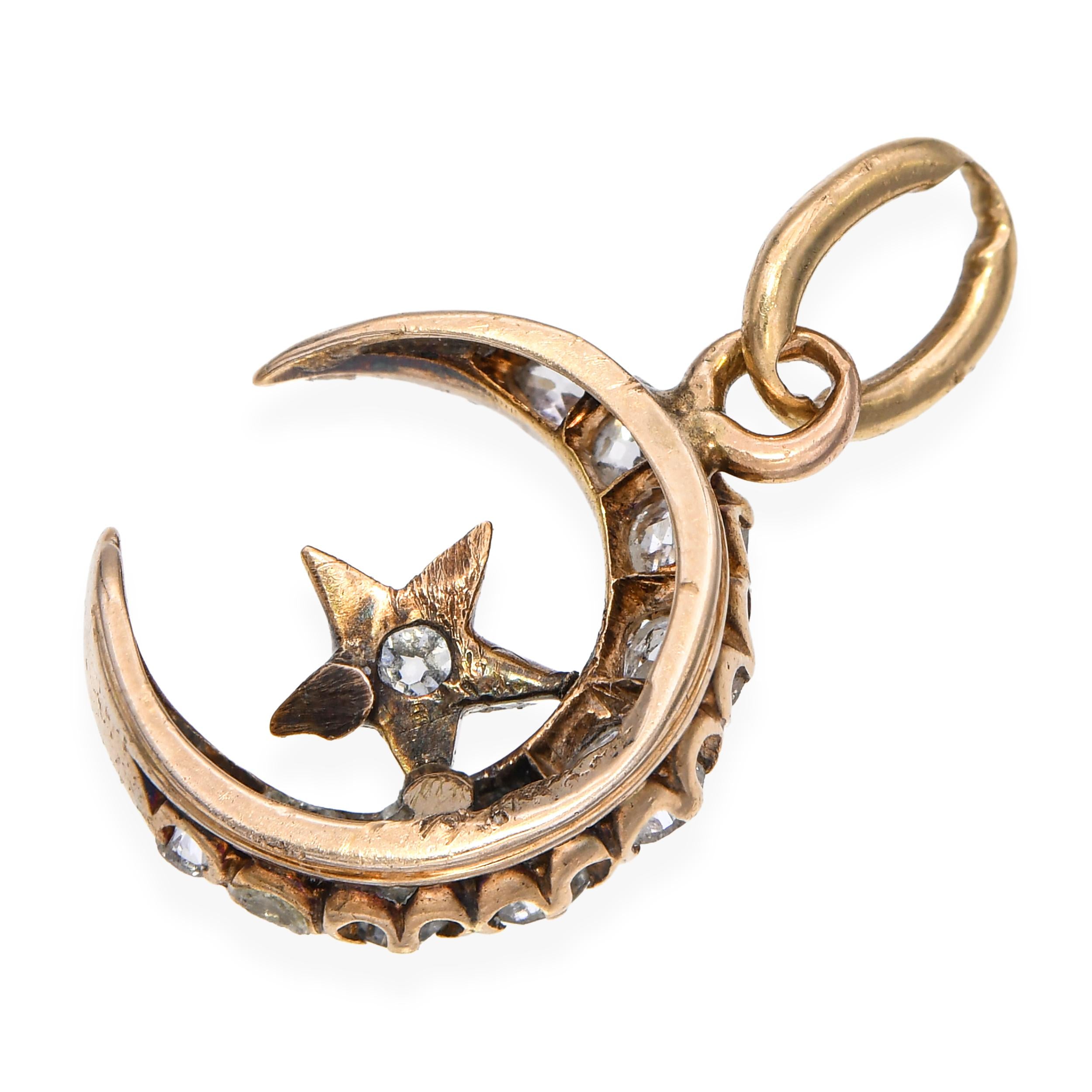 Antique Victorian Rose Gold Old Mine Cut Diamond Star and Crescent Pendant