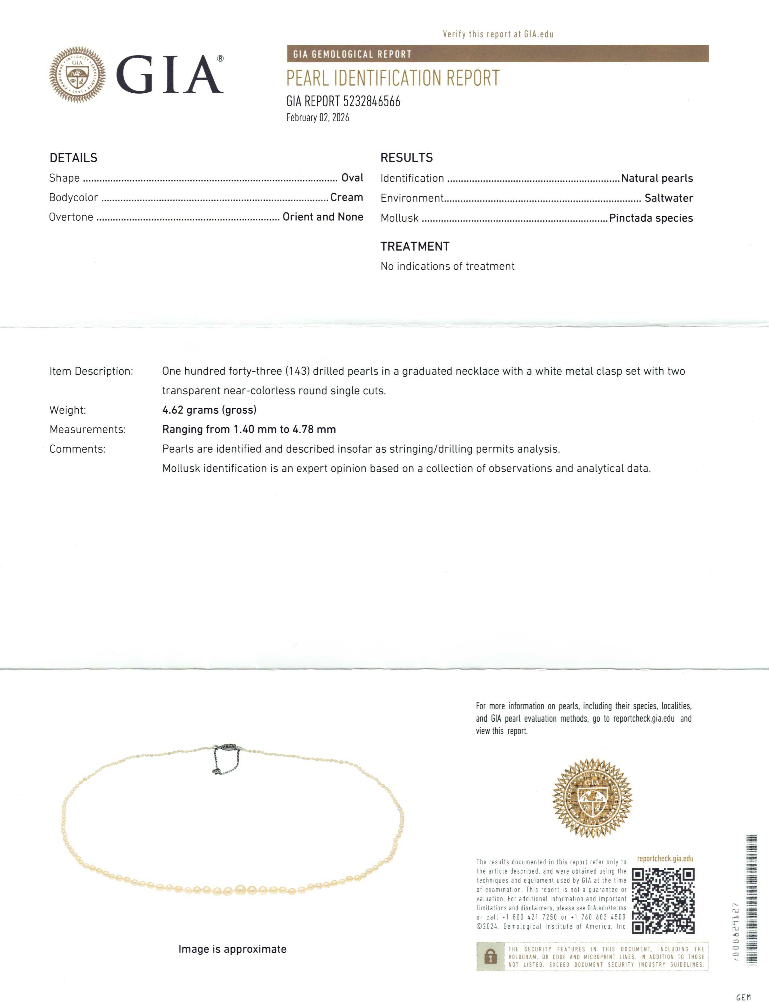 GIA Certified Natural Graduated Pearl Necklace with Diamond Platinum Clasp