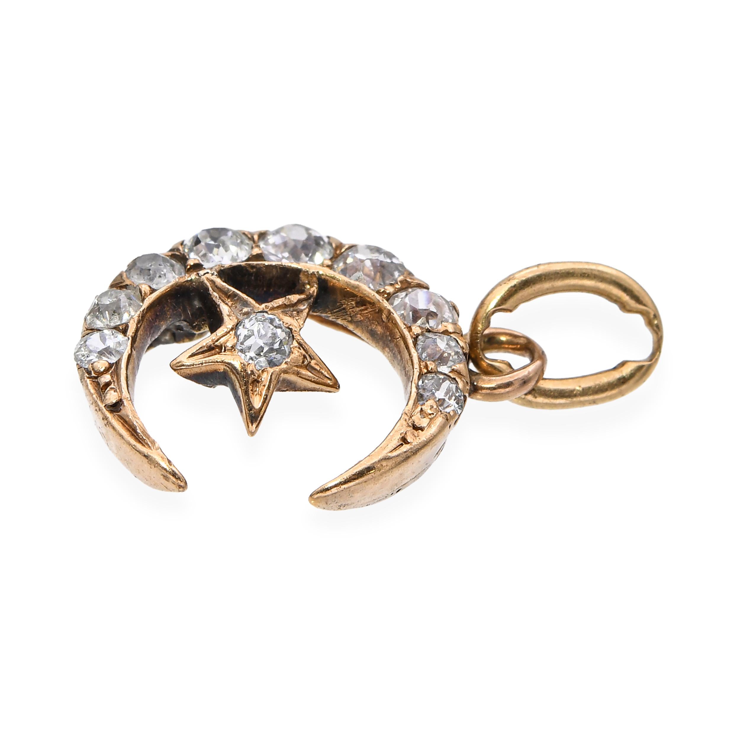 Antique Victorian Rose Gold Old Mine Cut Diamond Star and Crescent Pendant