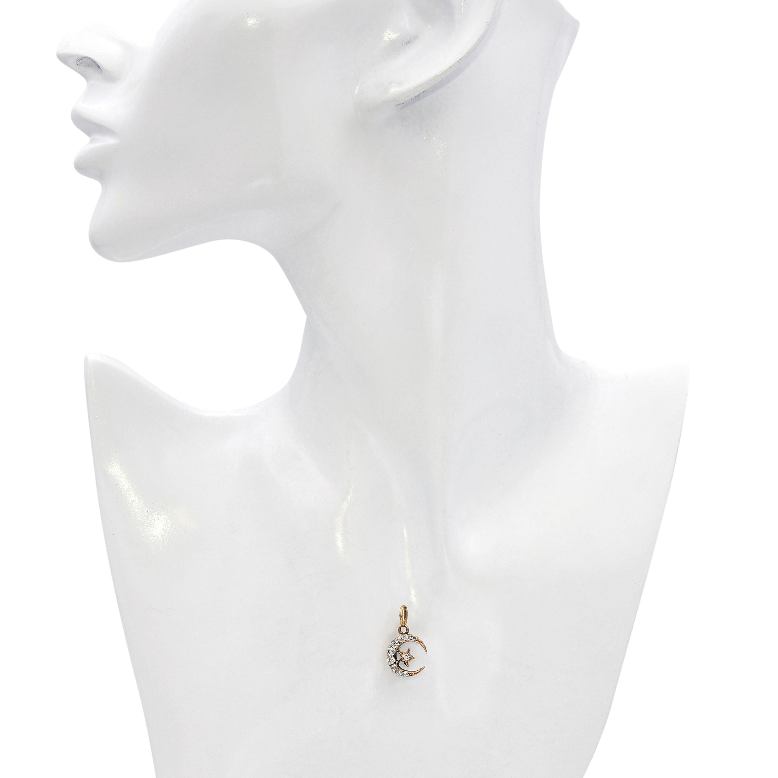 Antique Victorian Rose Gold Old Mine Cut Diamond Star and Crescent Pendant