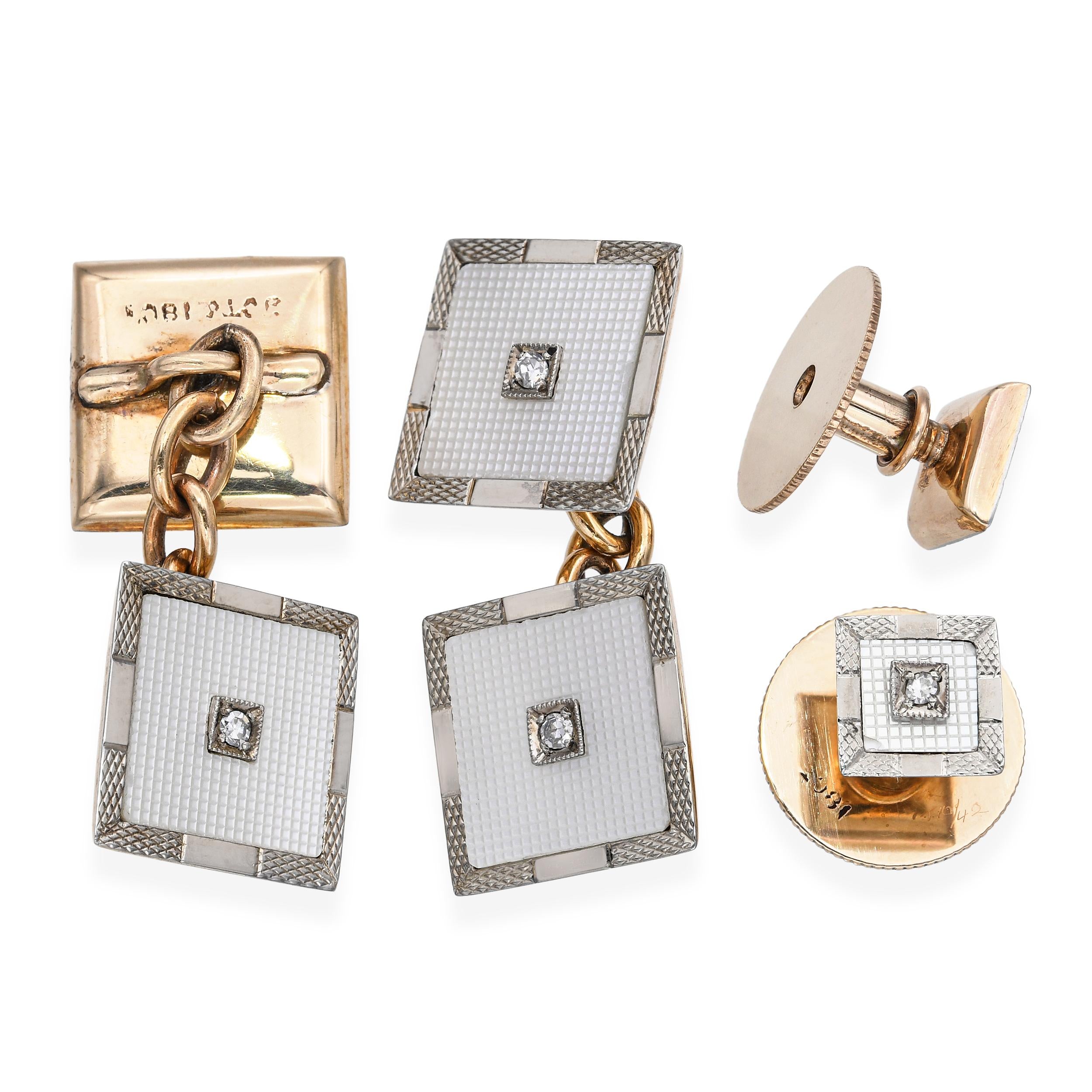 Antique Mappin & Webb 9k Yellow Gold and 14k White Gold Diamond Cufflink Set