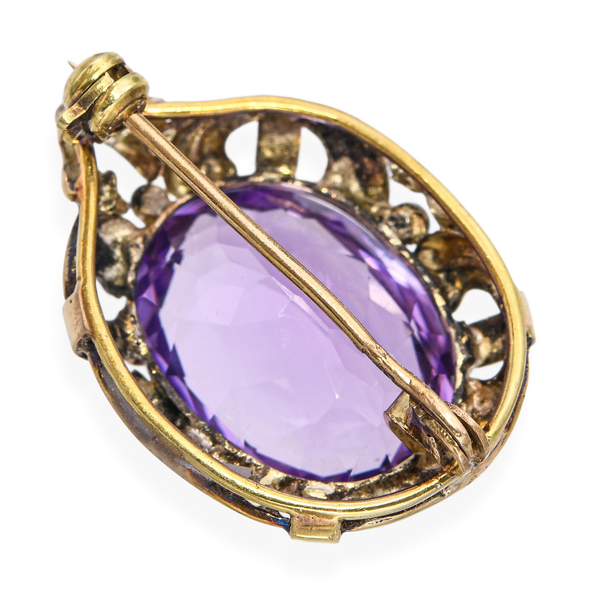 Antique 14k Yellow Gold Amethyst Ornate Brooch