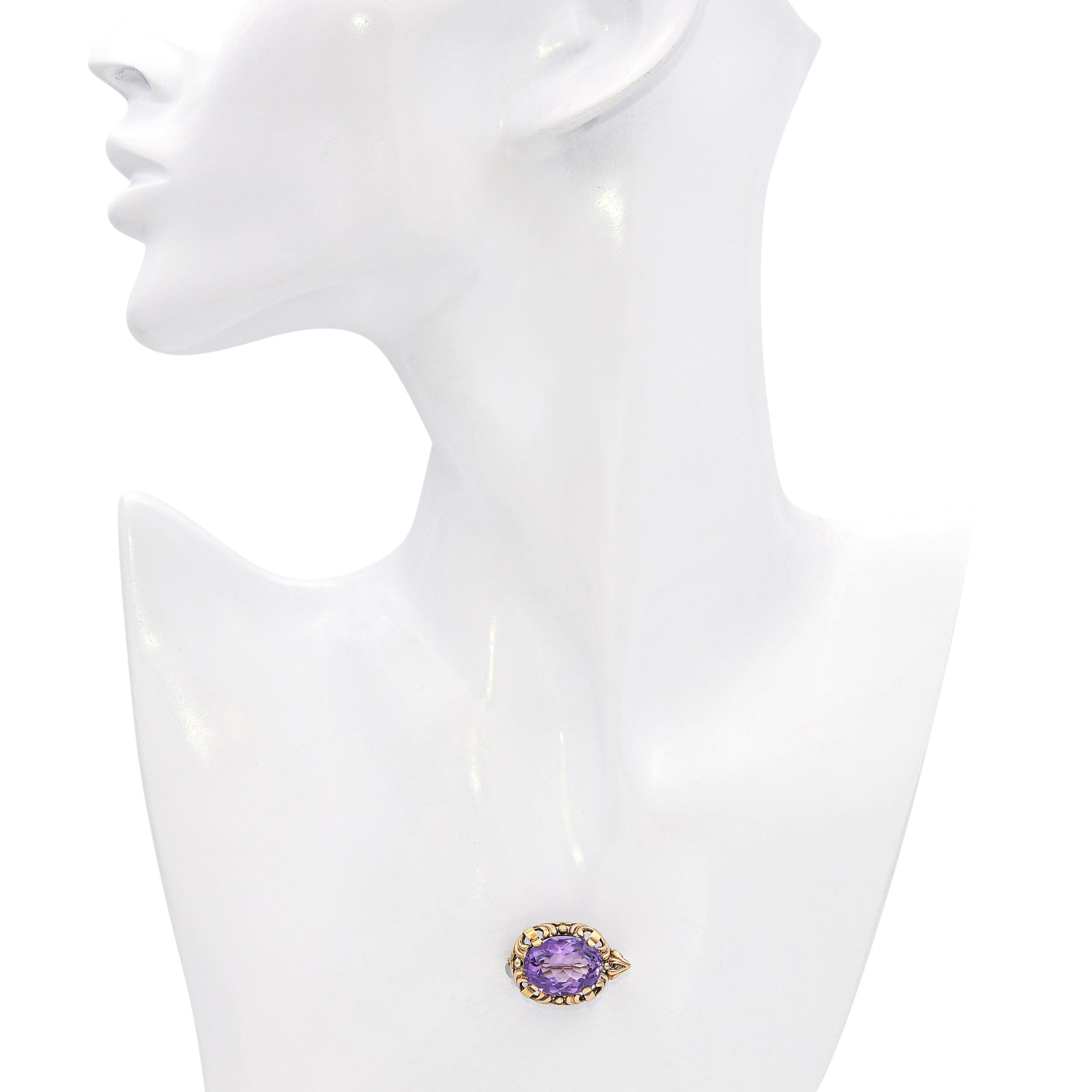 Antique 14k Yellow Gold Amethyst Ornate Brooch