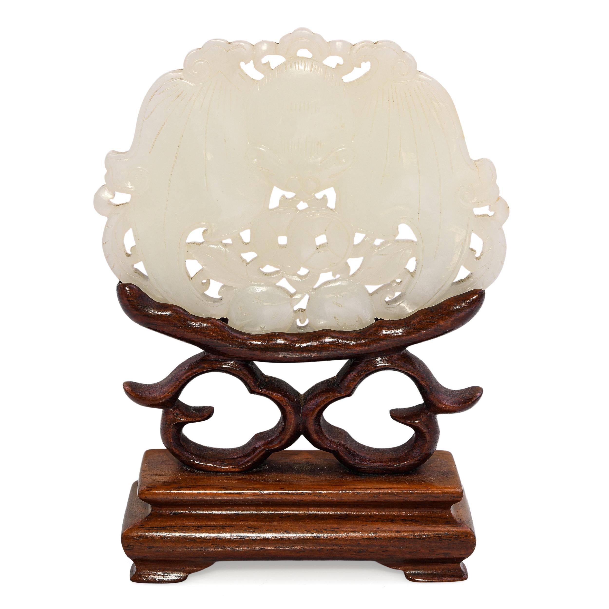 Vintage Carved Green Jade Figurine on Wooden Stand