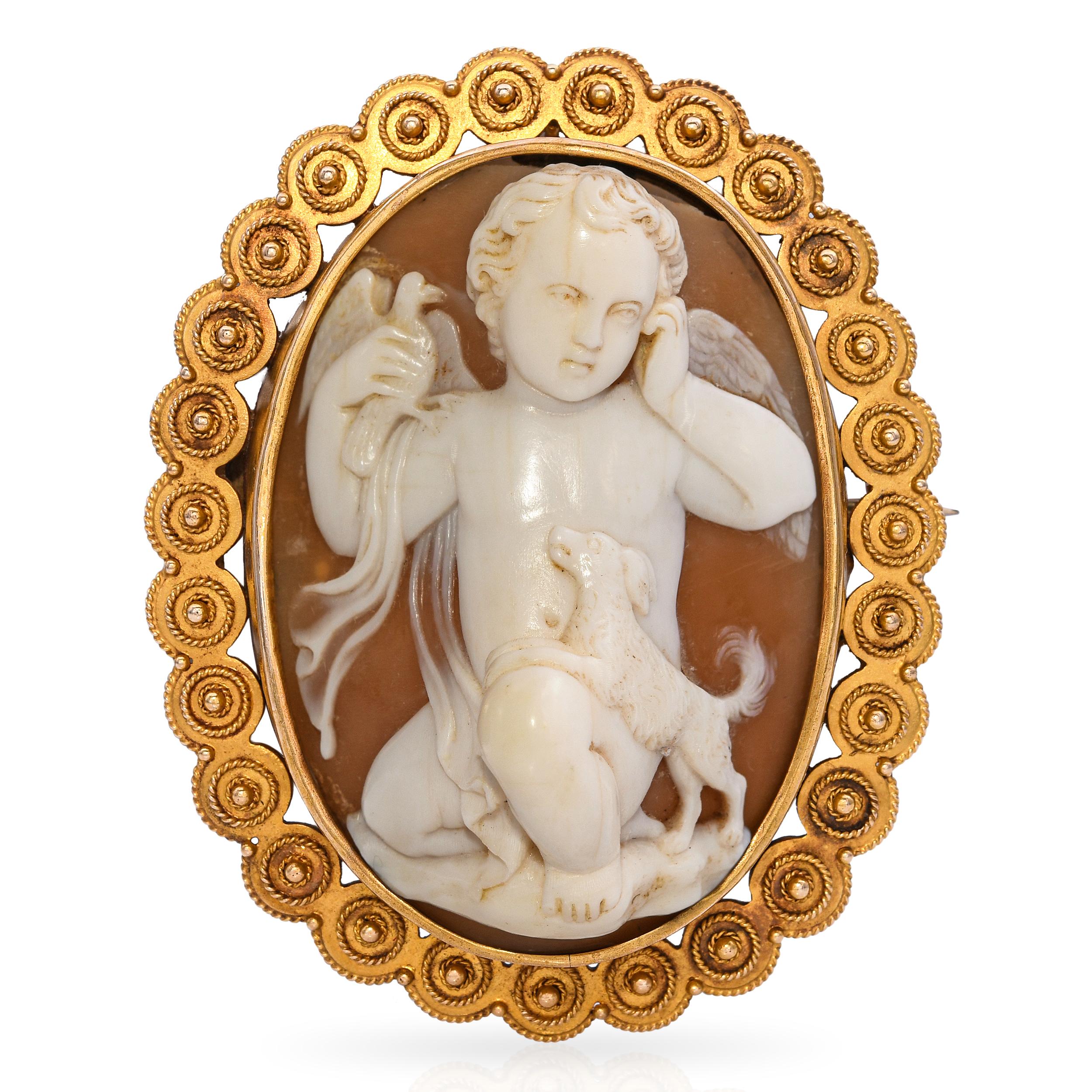 Antique 18k Yellow Gold Shell Cameo Boy with Dog and Bird Brooch