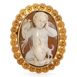 Antique 18k Yellow Gold Shell Cameo Boy with Dog and Bird Brooch