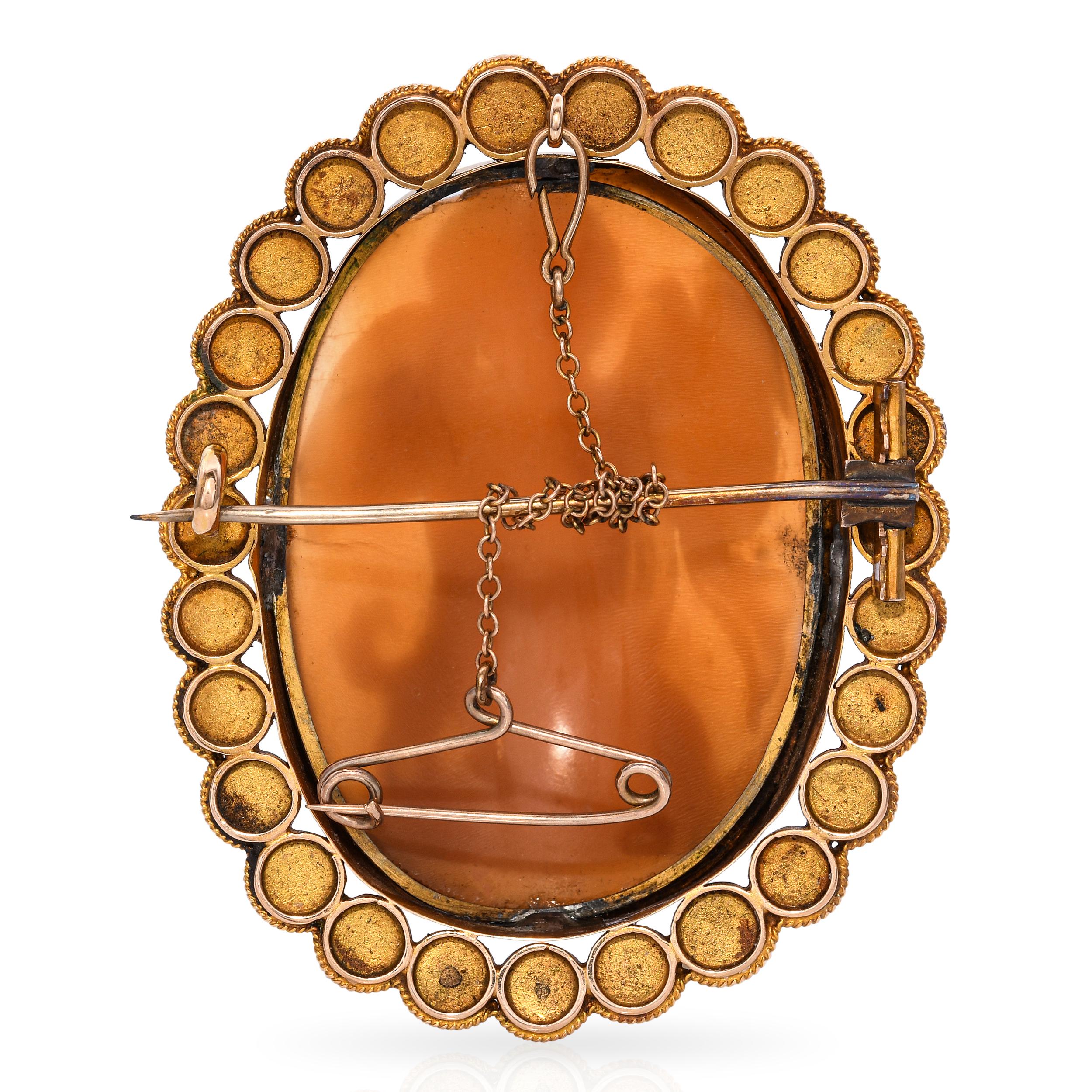 Antique 18k Yellow Gold Shell Cameo Boy with Dog and Bird Brooch