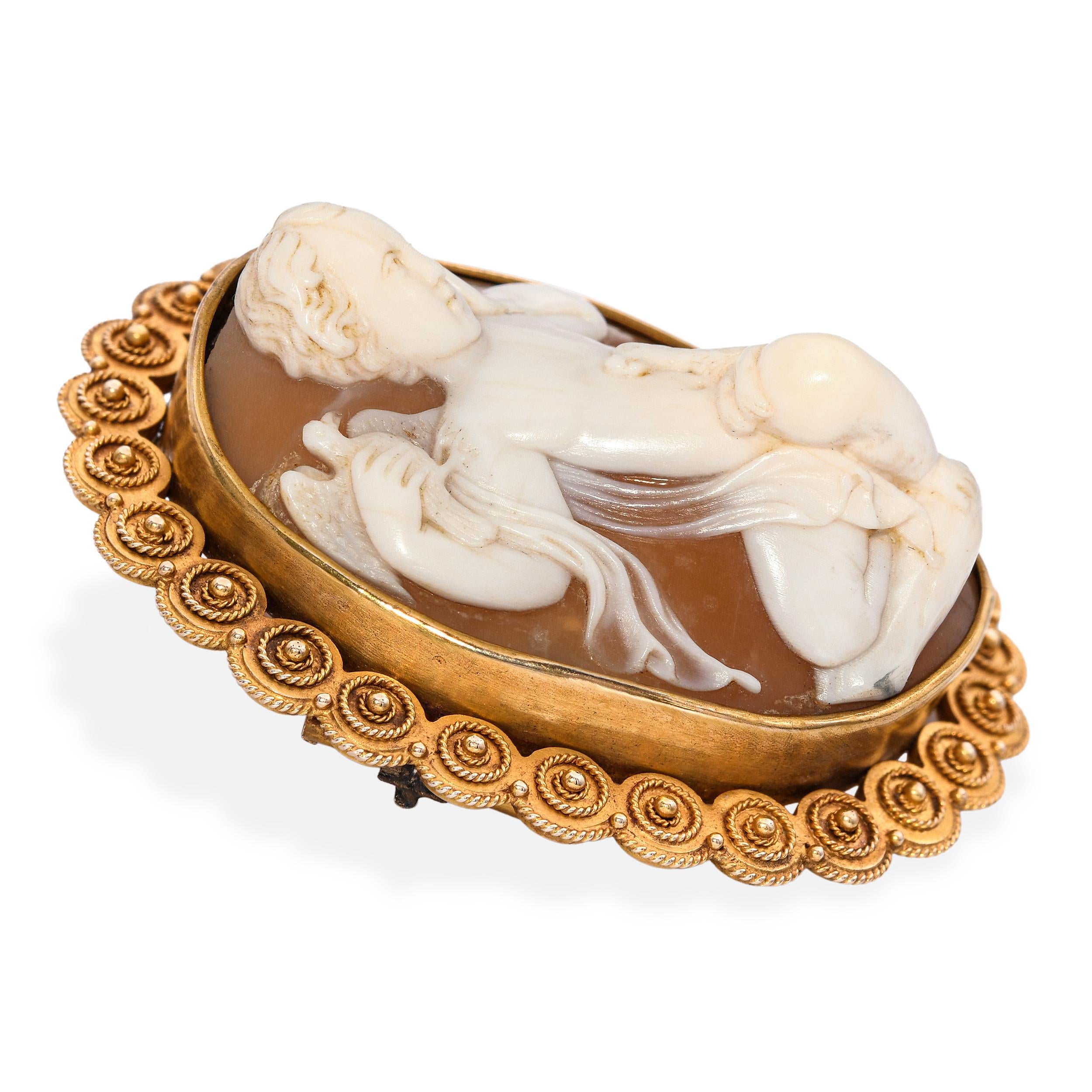 Antique 18k Yellow Gold Shell Cameo Boy with Dog and Bird Brooch