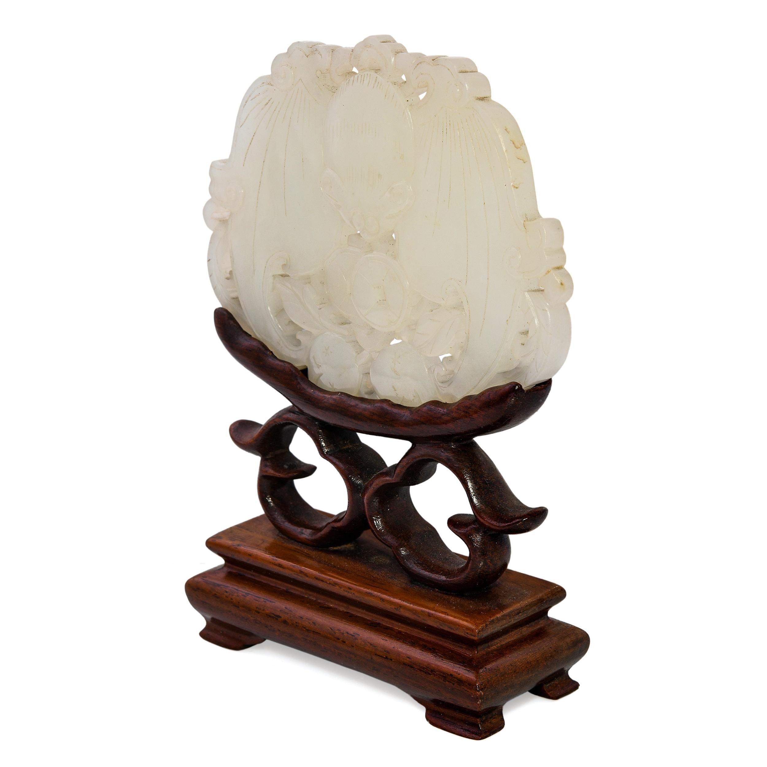 Vintage Carved Green Jade Figurine on Wooden Stand