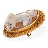 Antique 18k Yellow Gold Shell Cameo Boy with Dog and Bird Brooch