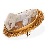 Antique 18k Yellow Gold Shell Cameo Boy with Dog and Bird Brooch