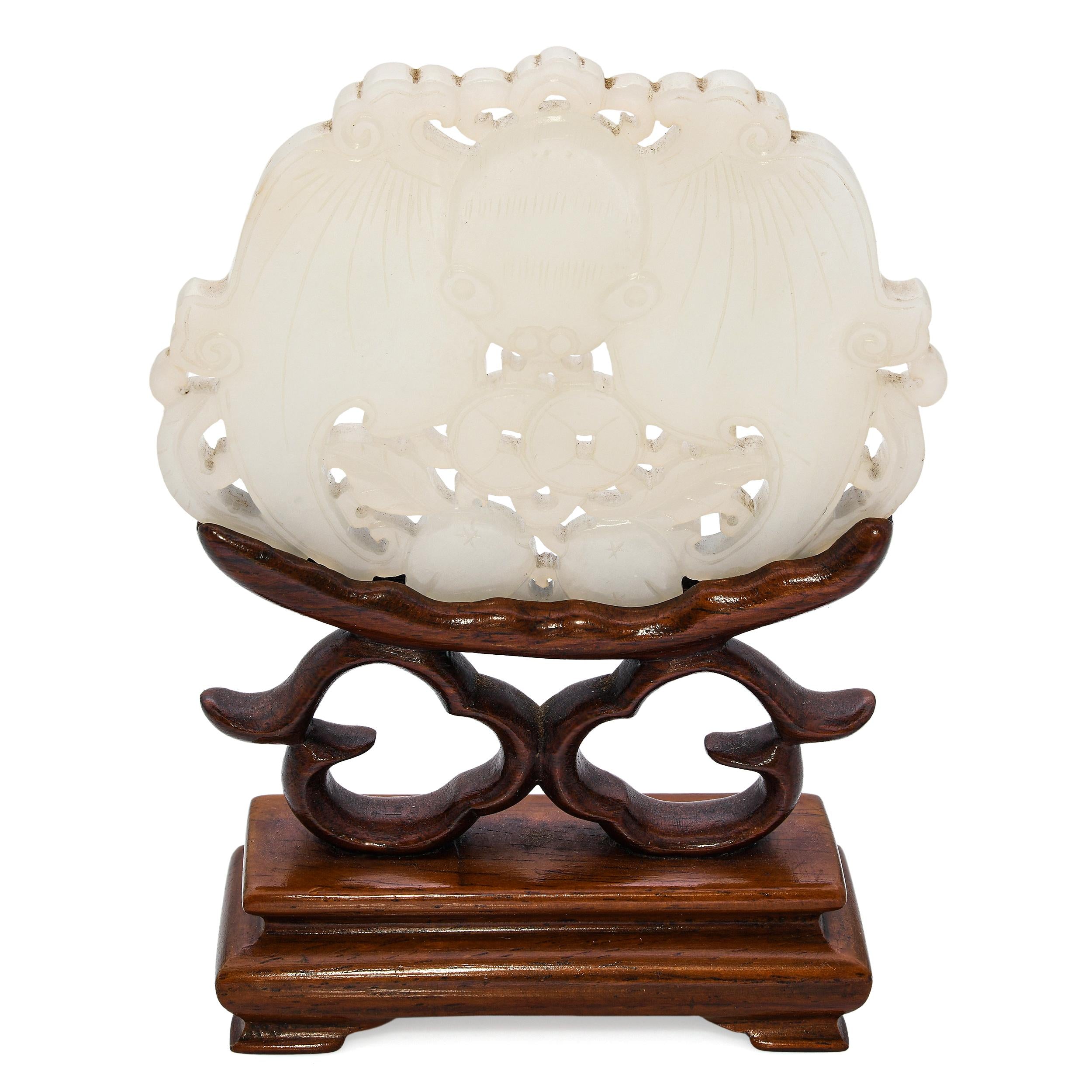 Vintage Carved Green Jade Figurine on Wooden Stand