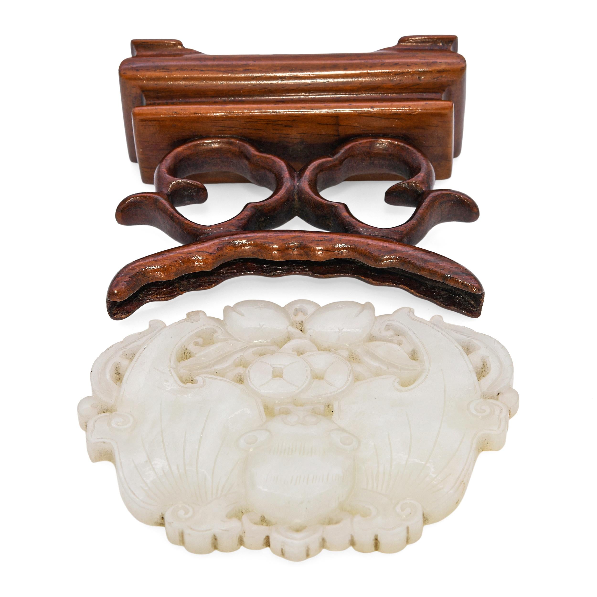 Vintage Carved Green Jade Figurine on Wooden Stand