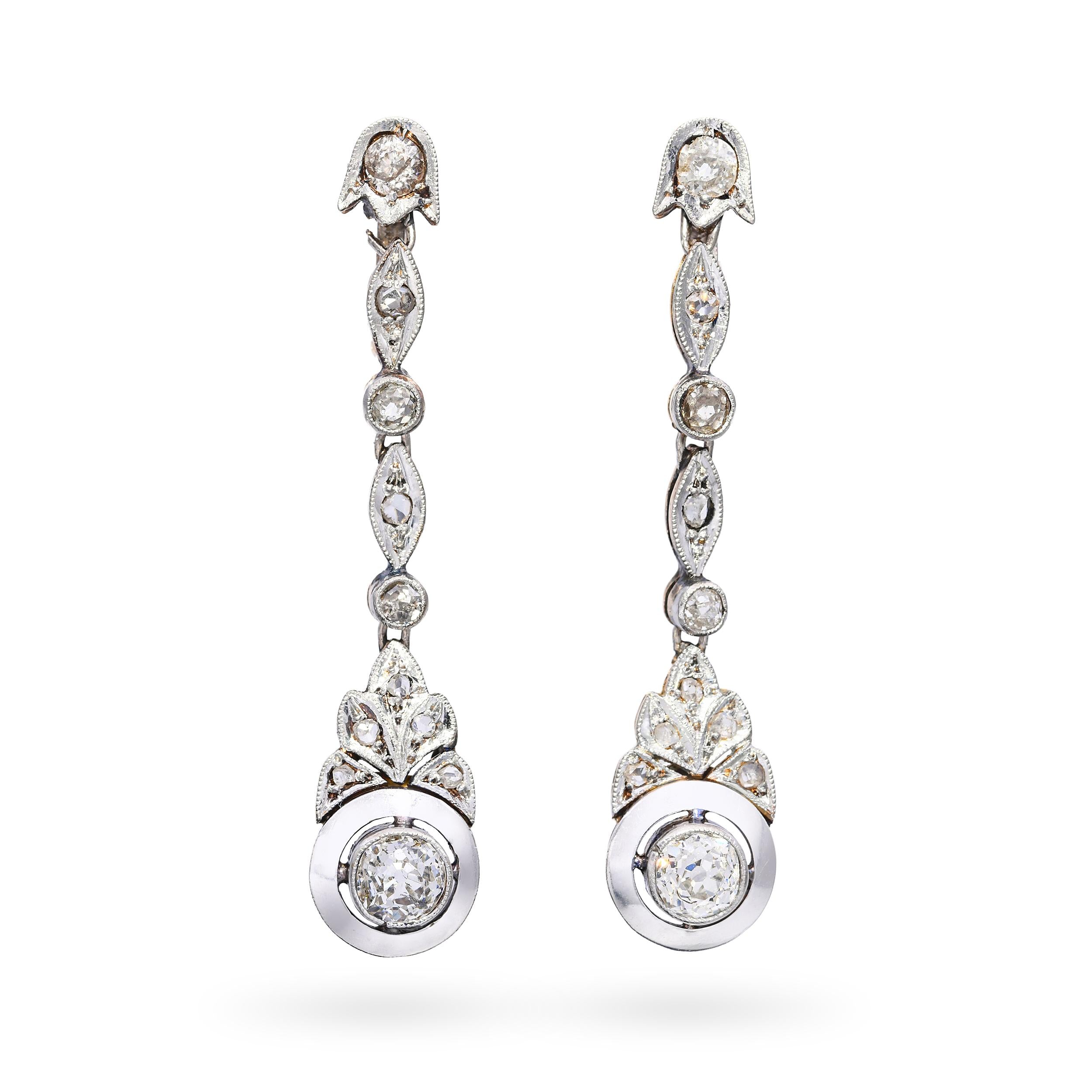 Edwardian 14k Rose Gold & Platinum 1.71tcw Old European Diamond Drop Earrings