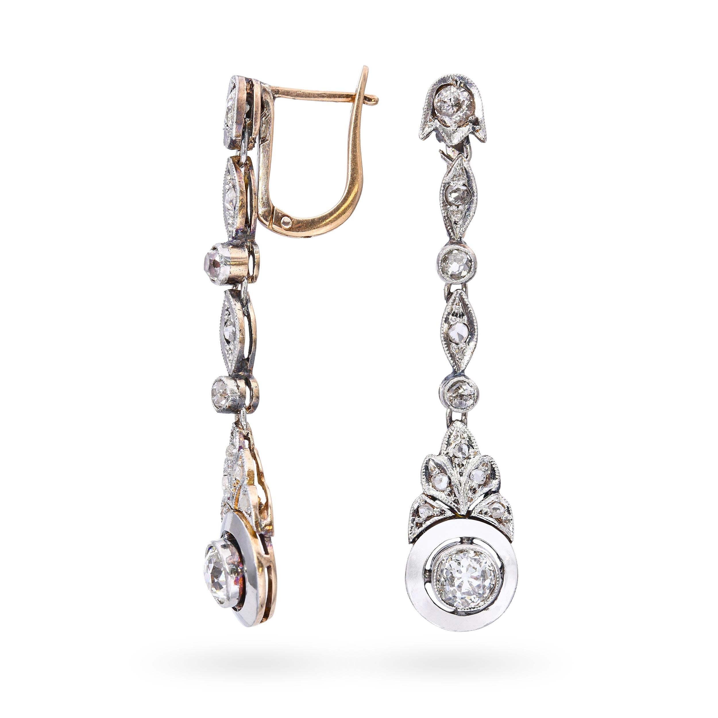 Edwardian 14k Rose Gold & Platinum 1.71tcw Old European Diamond Drop Earrings