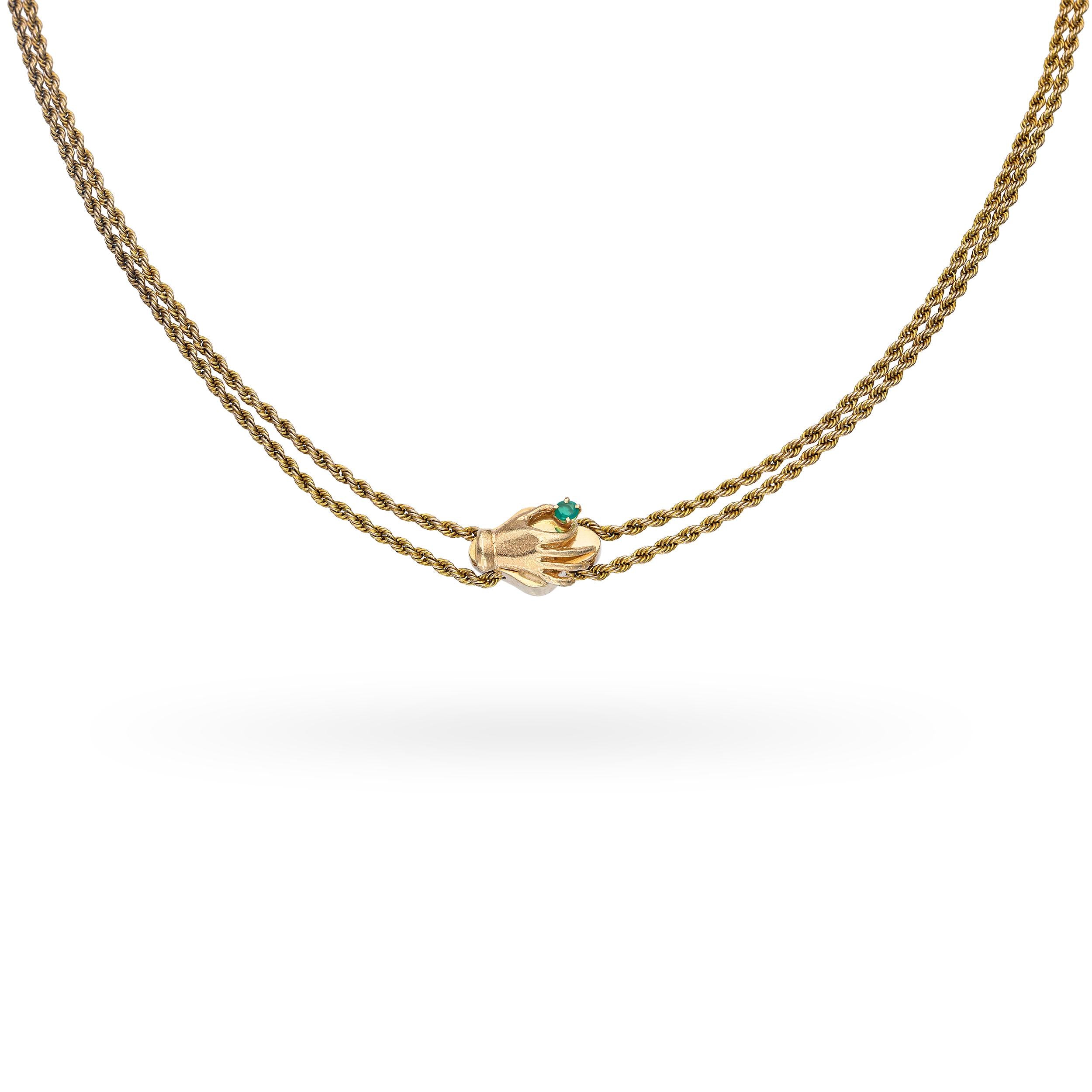 Antique Victorian D.B. & Co. Yellow Gold Hand Holding Emerald Slide Chain