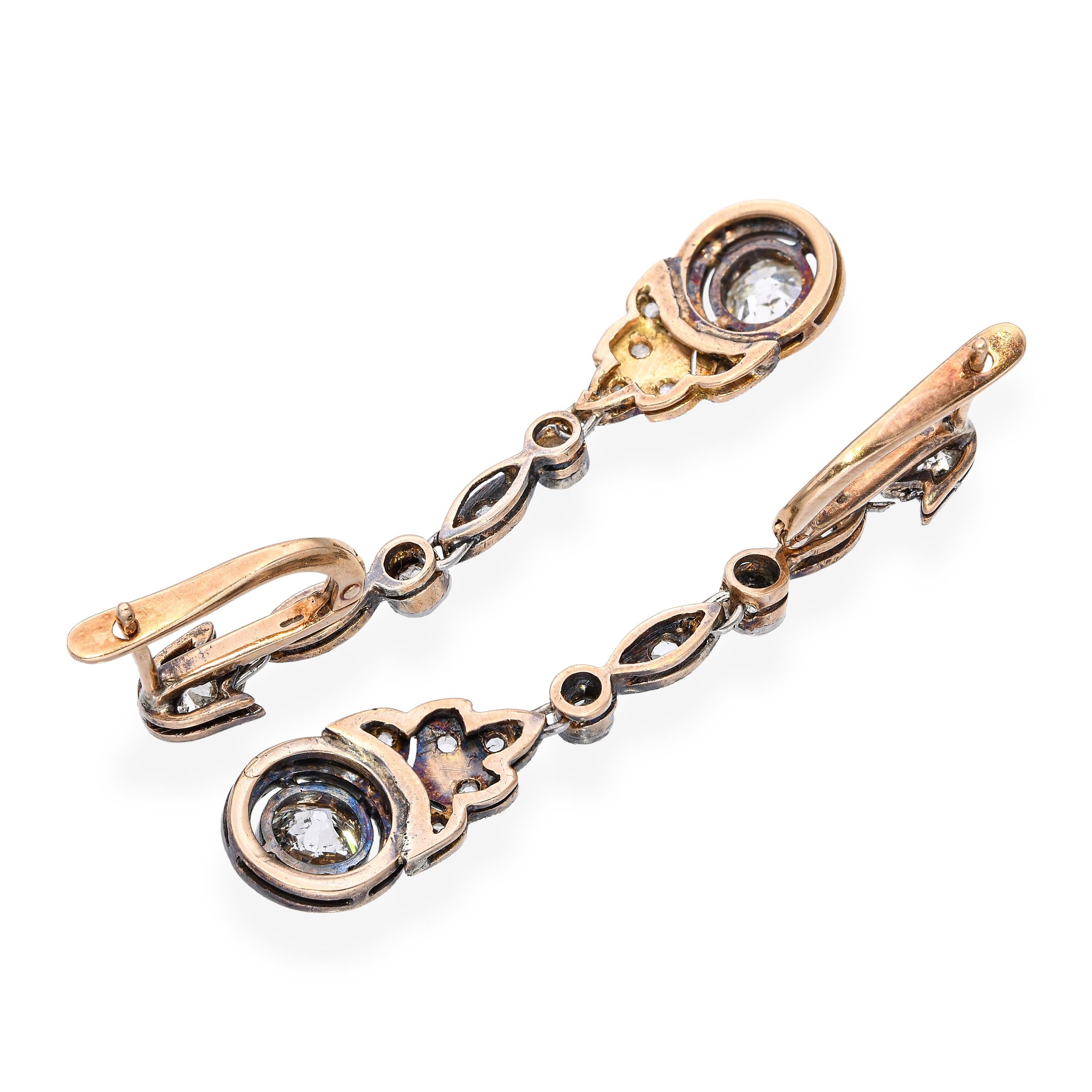 Edwardian 14k Rose Gold & Platinum 1.71tcw Old European Diamond Drop Earrings