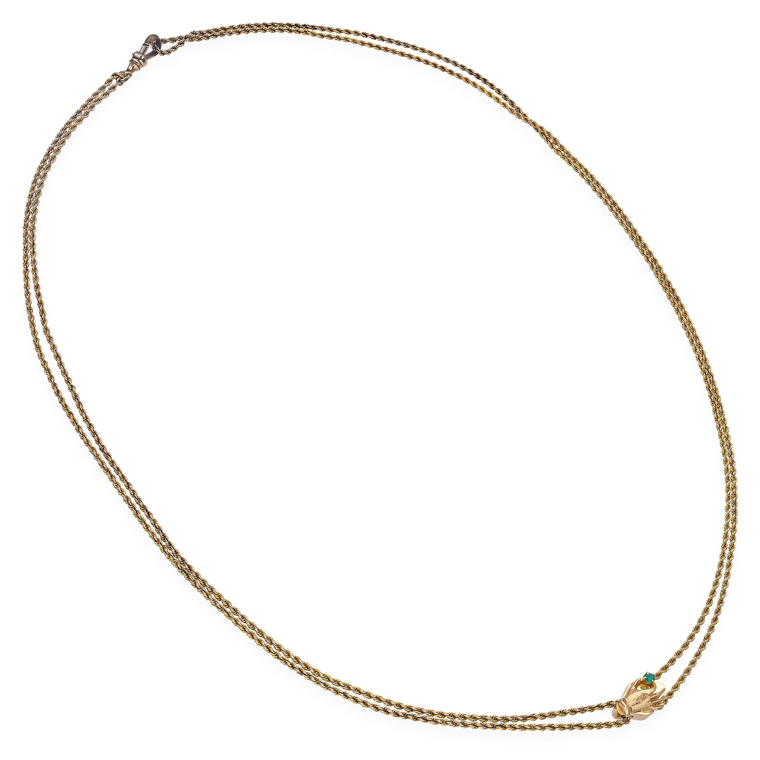 Antique Victorian D.B. & Co. Yellow Gold Hand Holding Emerald Slide Chain