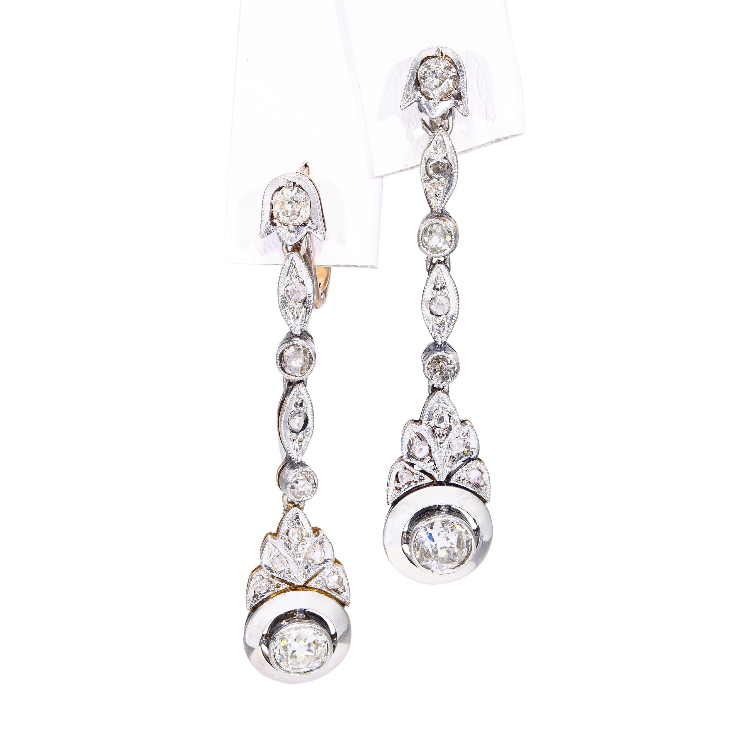 Edwardian 14k Rose Gold & Platinum 1.71tcw Old European Diamond Drop Earrings