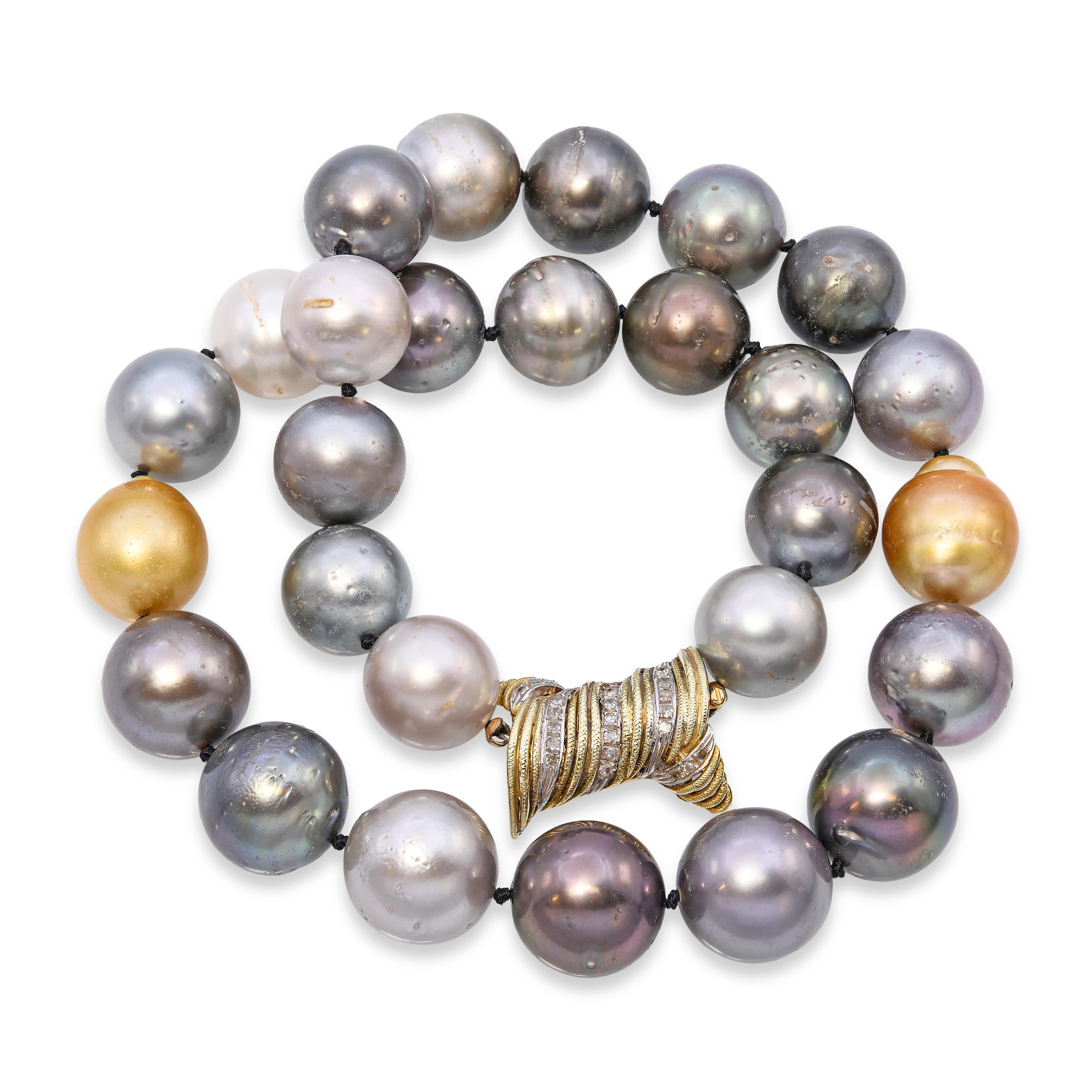 15mm Multi Color South Sea Pearl Necklace with 14k Yellow Gold & Diamond Clasp