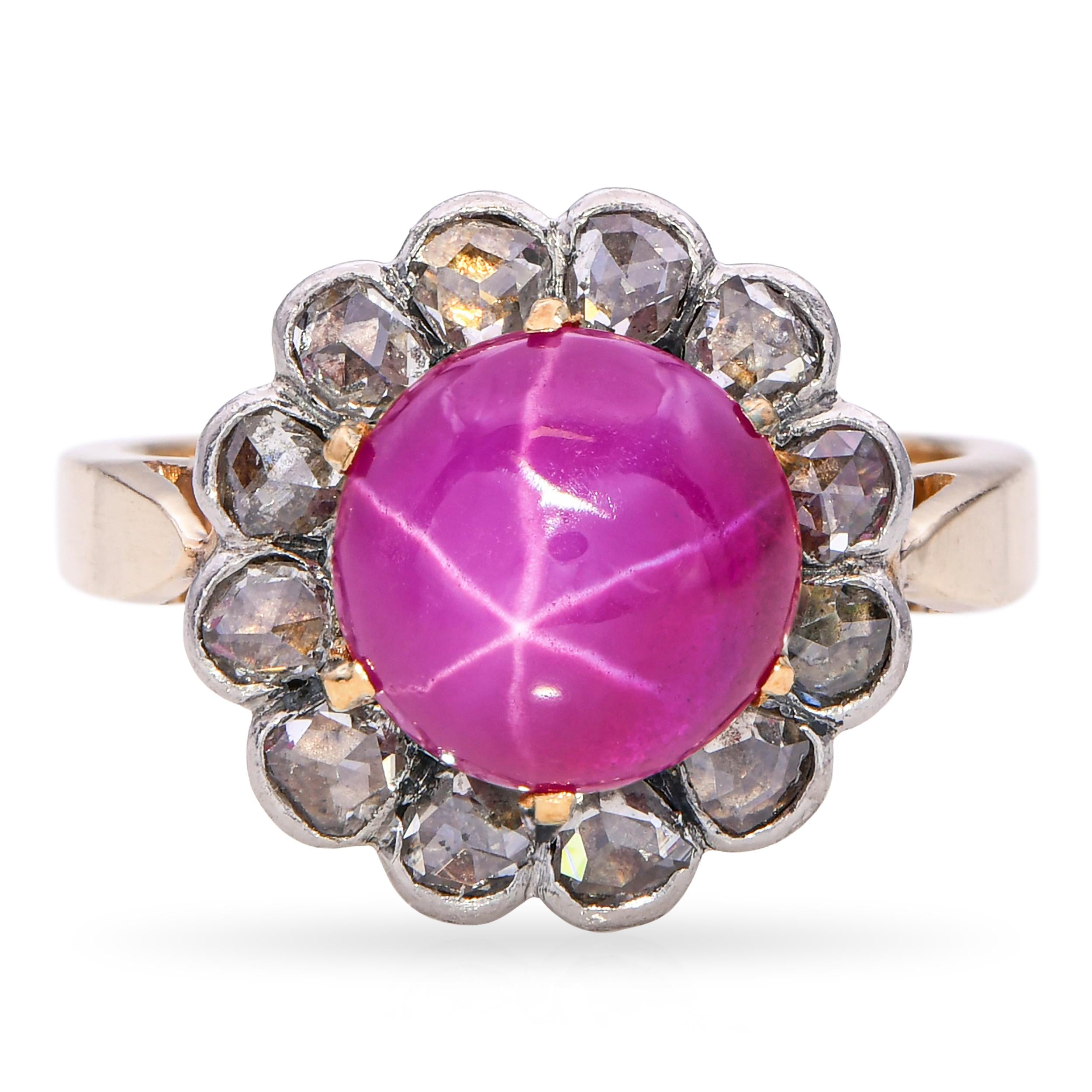 Vintage Yellow Gold Synthetic Star Ruby and Rose Cut Diamond Halo Ring