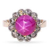 Vintage Yellow Gold Synthetic Star Ruby and Rose Cut Diamond Halo Ring
