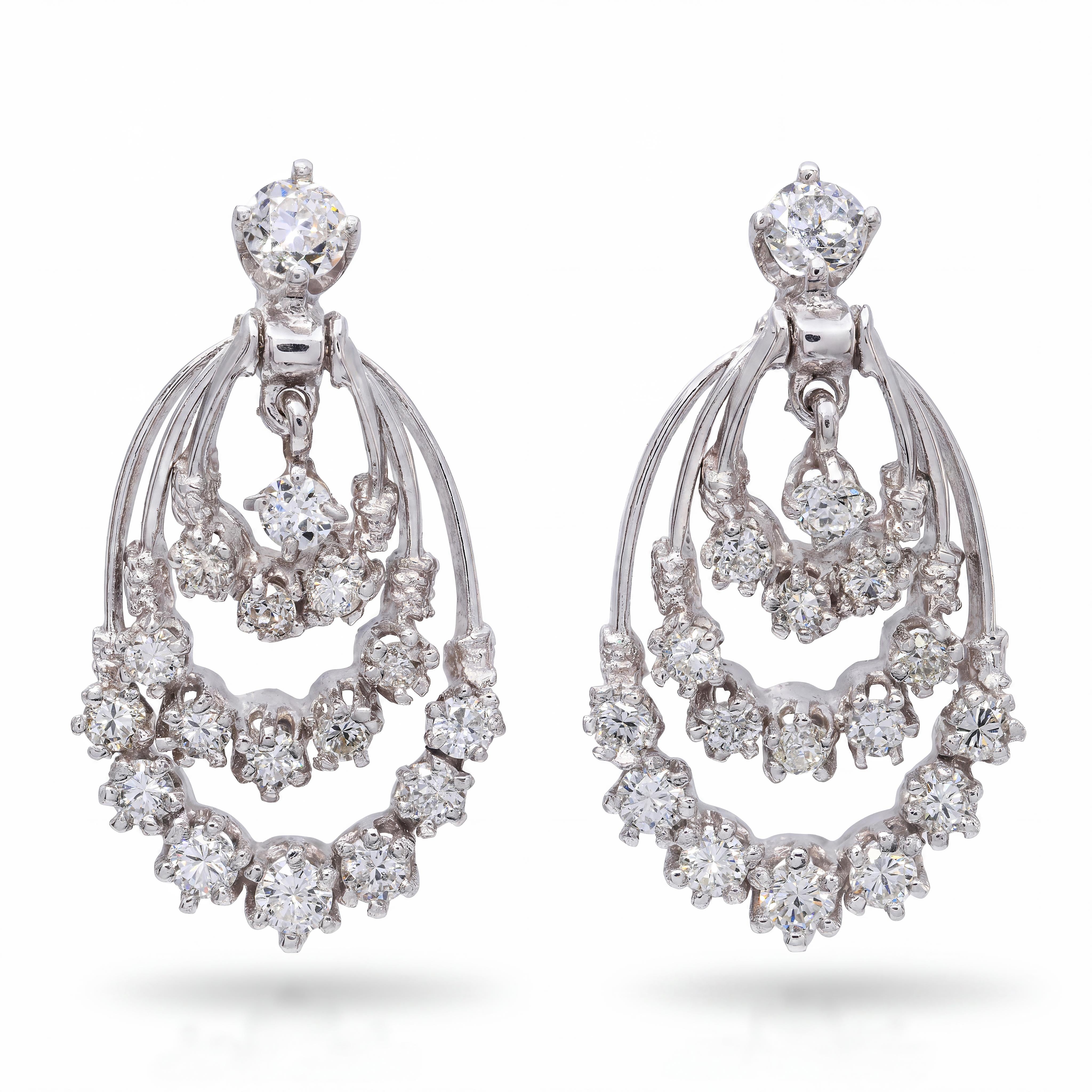 Vintage 14k White Gold 1.08tcw Diamond Articulated Teardrop Earrings