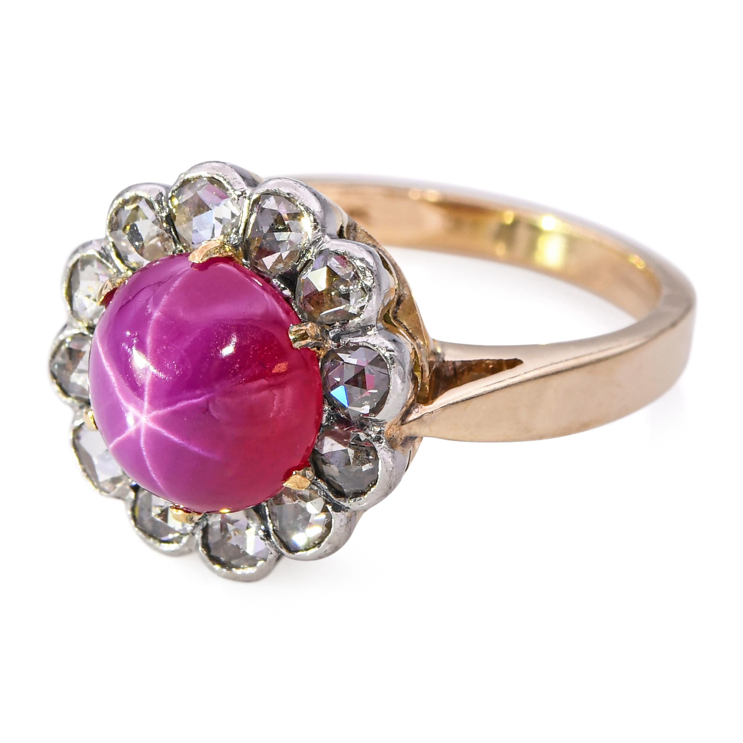 Vintage Yellow Gold Synthetic Star Ruby and Rose Cut Diamond Halo Ring