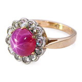 Vintage Yellow Gold Synthetic Star Ruby and Rose Cut Diamond Halo Ring
