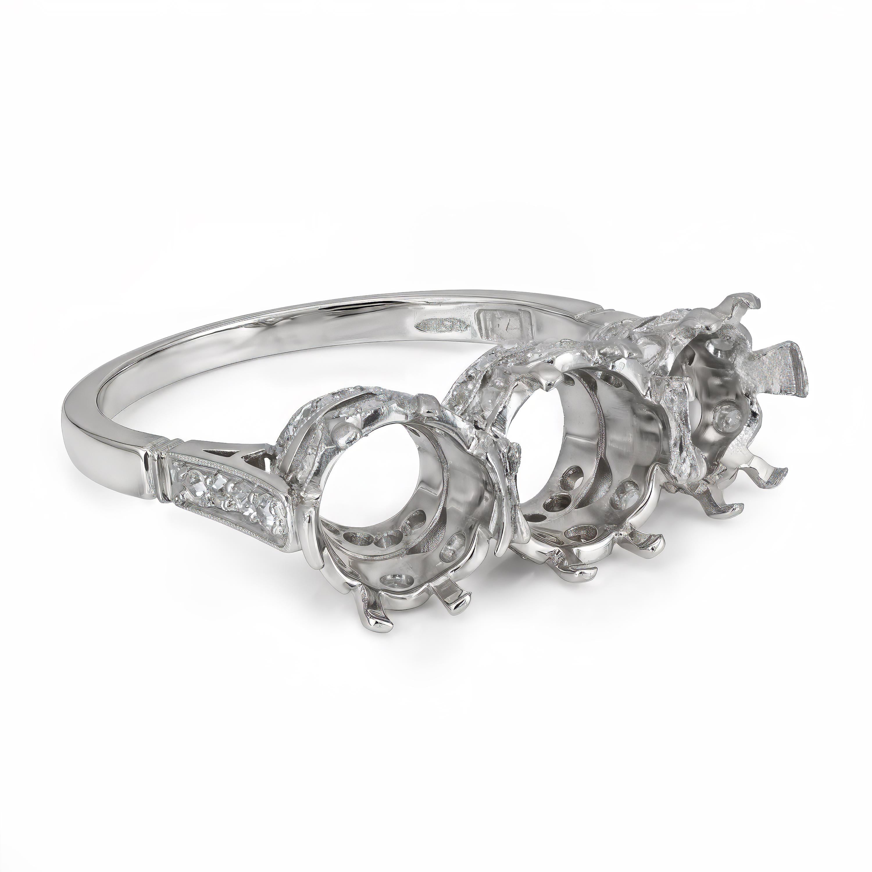 Art Deco Platinum Rose Cut and OEC Diamond Accented Three Stone Semi Mount Ring