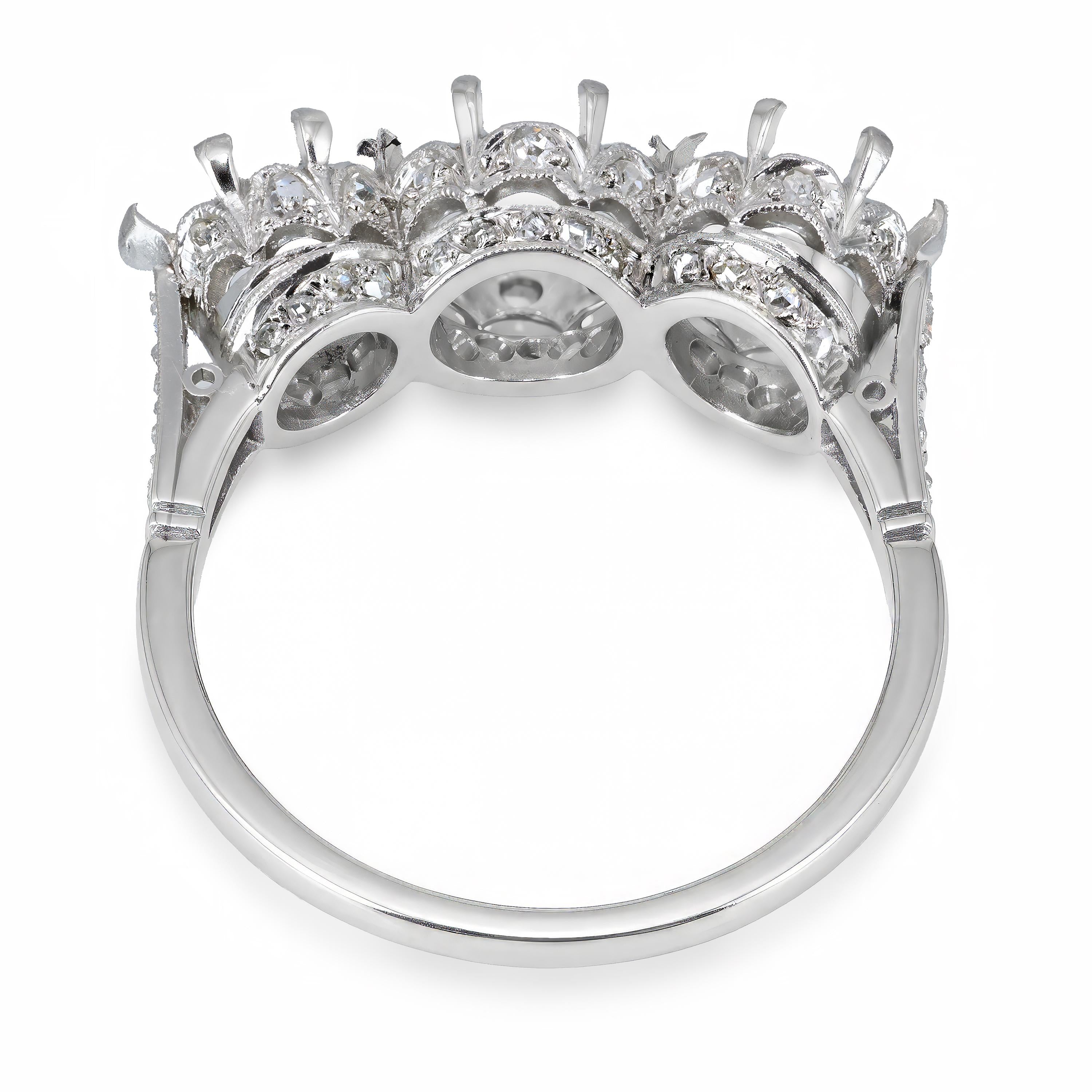 Art Deco Platinum Rose Cut and OEC Diamond Accented Three Stone Semi Mount Ring
