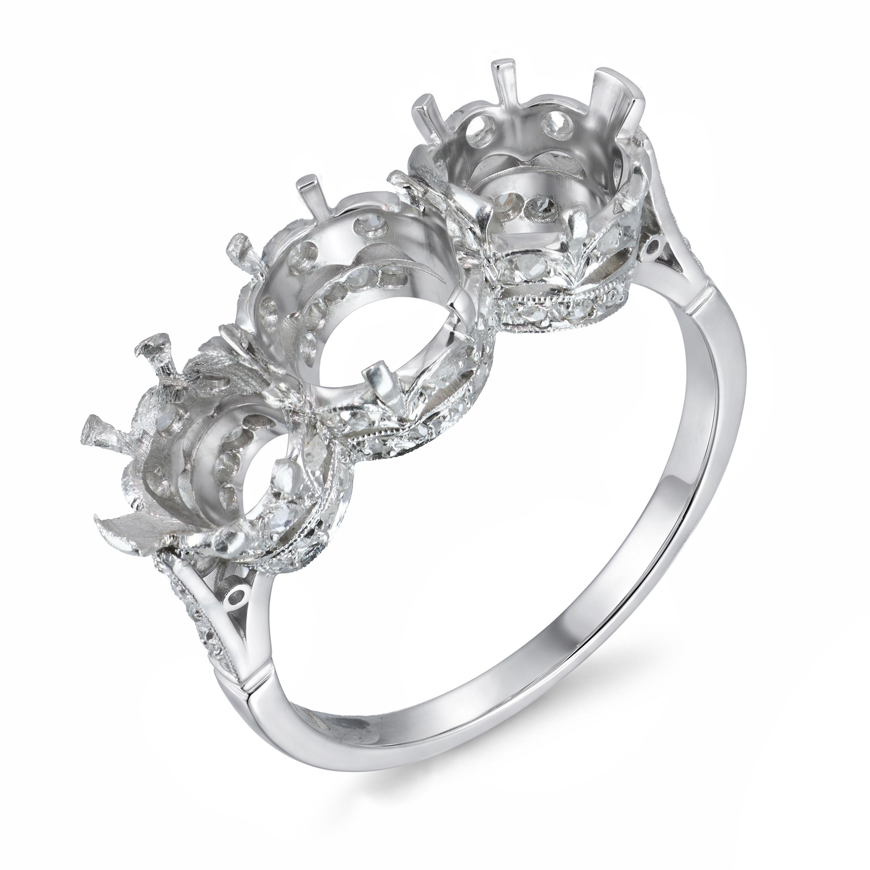 Art Deco Platinum Rose Cut and OEC Diamond Accented Three Stone Semi Mount Ring