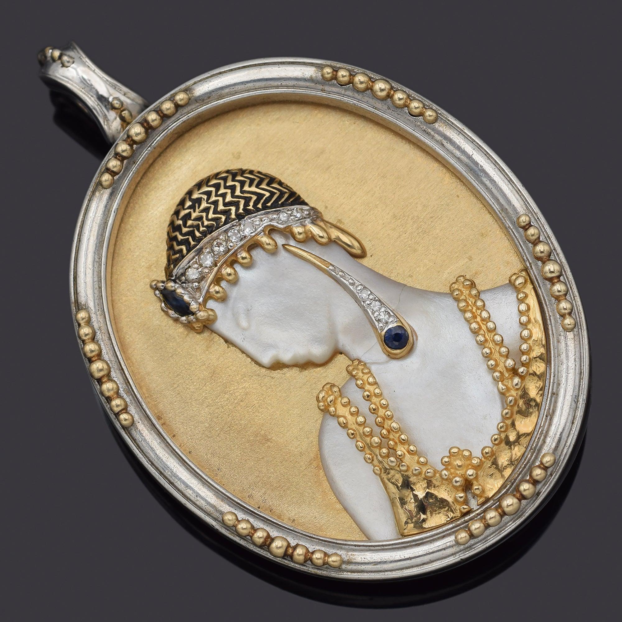 Erte Salome Gold & Silver Sapphire & Diamond Brooch Pin Pendant