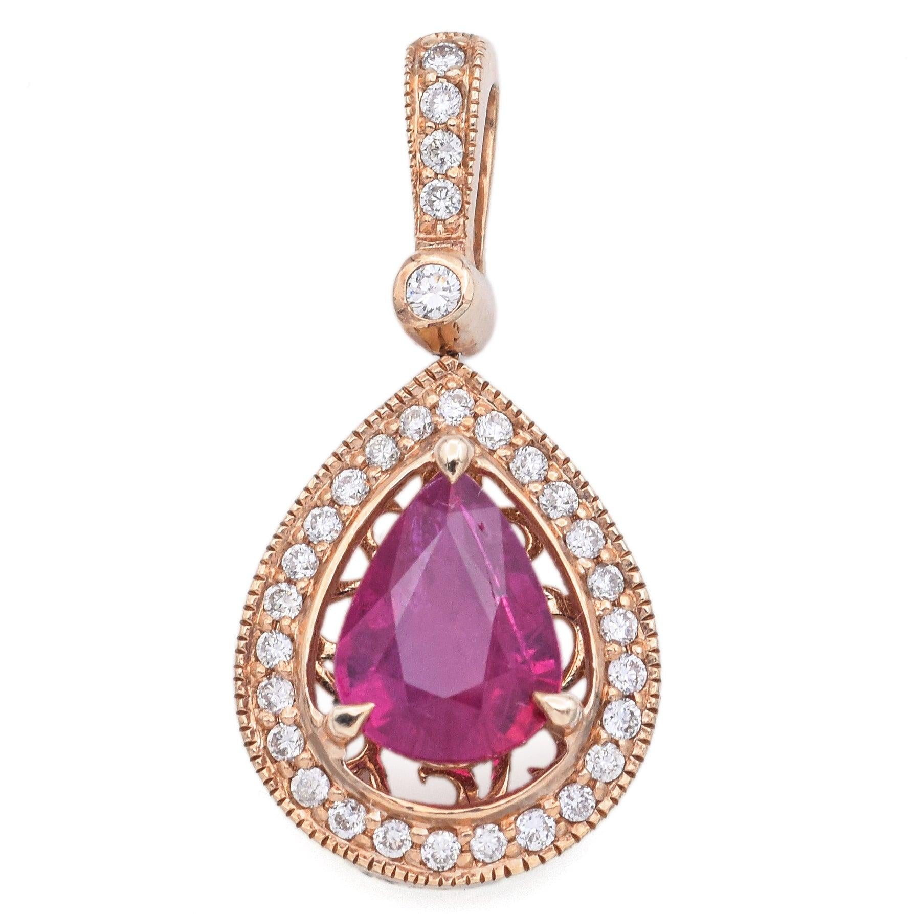 14k Yellow Gold 1.92ct Ruby & Diamond Pear Pendant