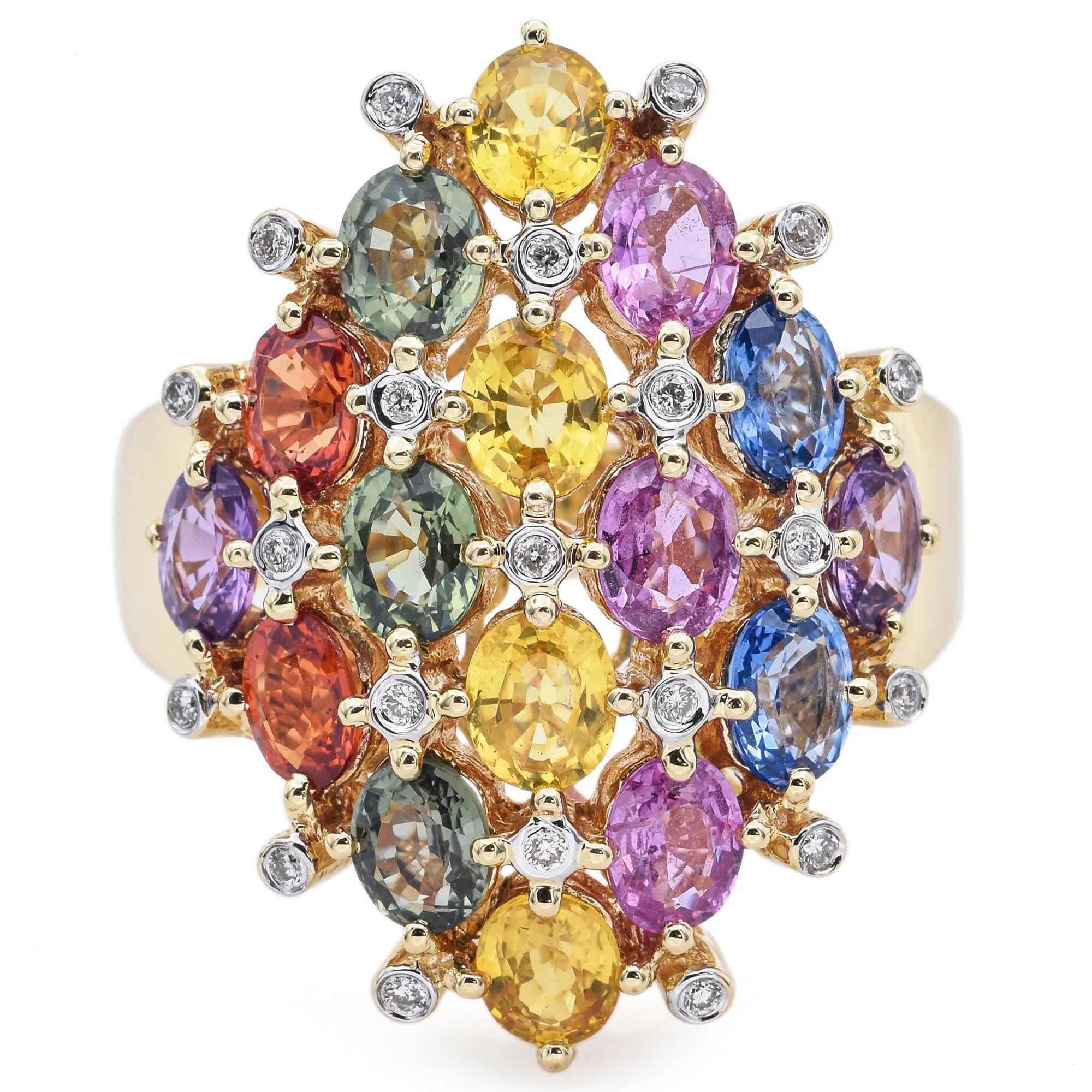 14K Yellow Gold 9.50 TCW Multi-Color Sapphire & Diamond Ring