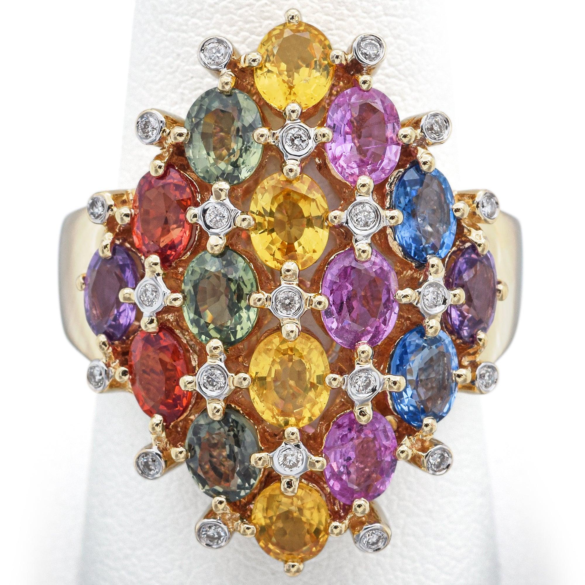 14K Yellow Gold 9.50 TCW Multi-Color Sapphire & Diamond Ring