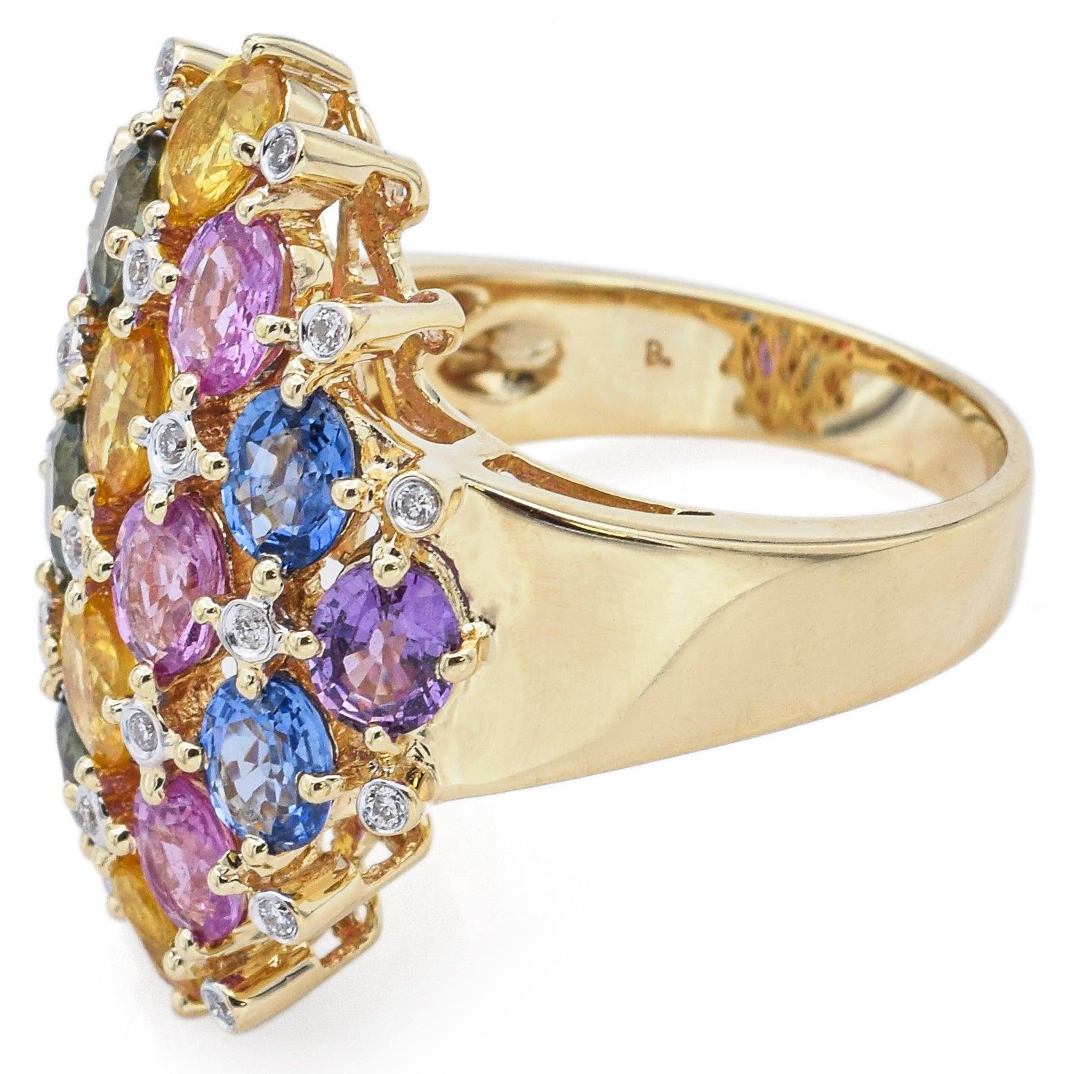 14K Yellow Gold 9.50 TCW Multi-Color Sapphire & Diamond Ring