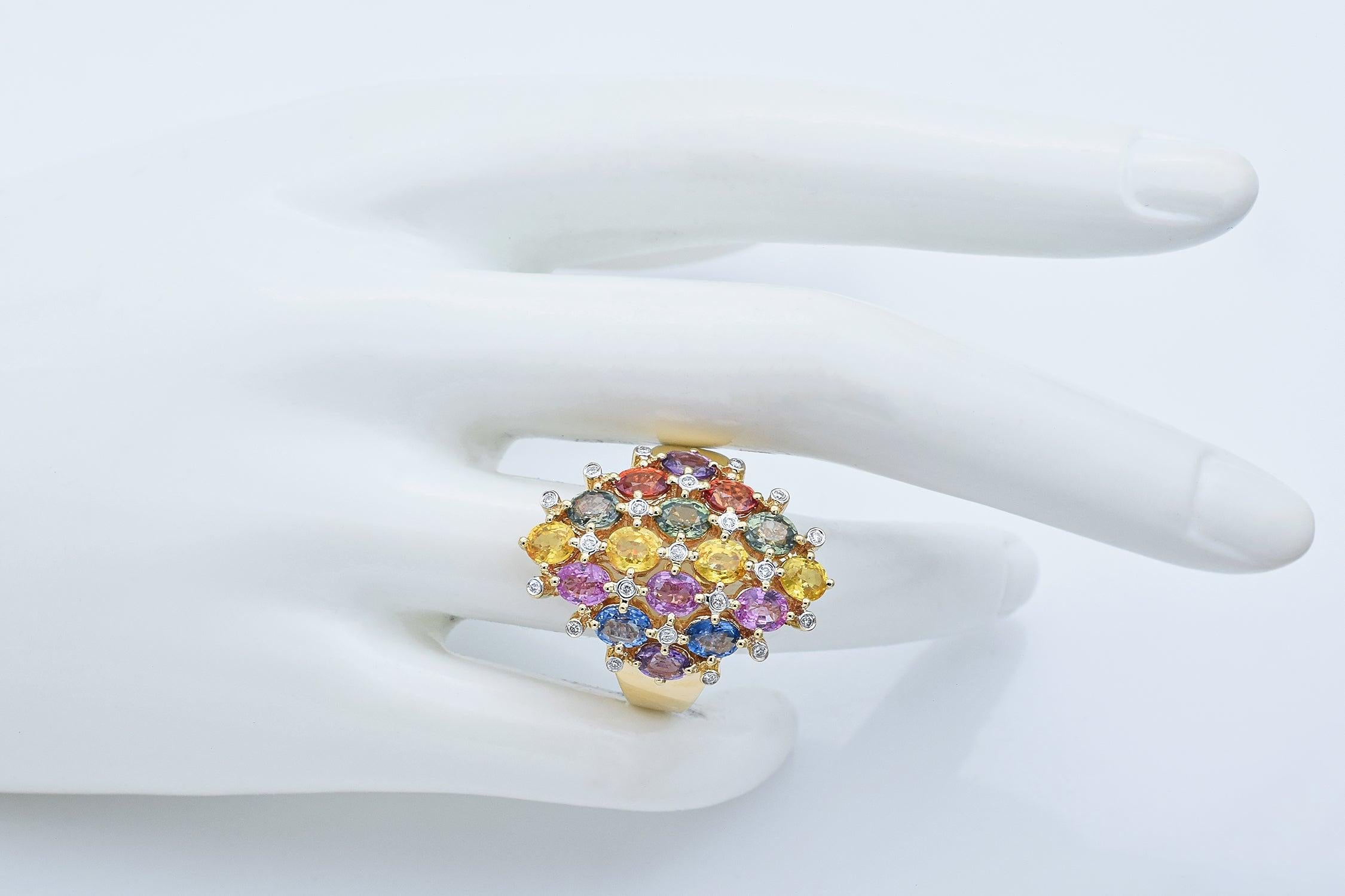 14K Yellow Gold 9.50 TCW Multi-Color Sapphire & Diamond Ring
