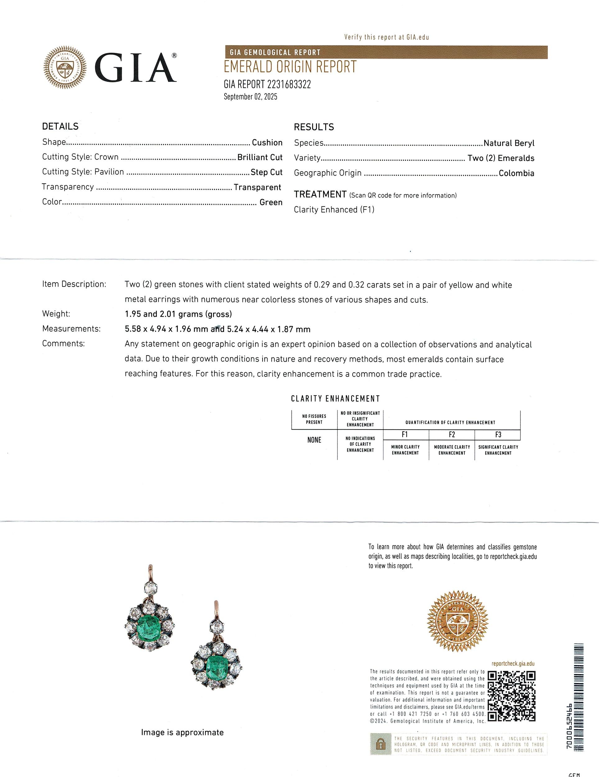 Antique 18k Yellow Gold & Silver Diamond and Colombian Emerald Earrings