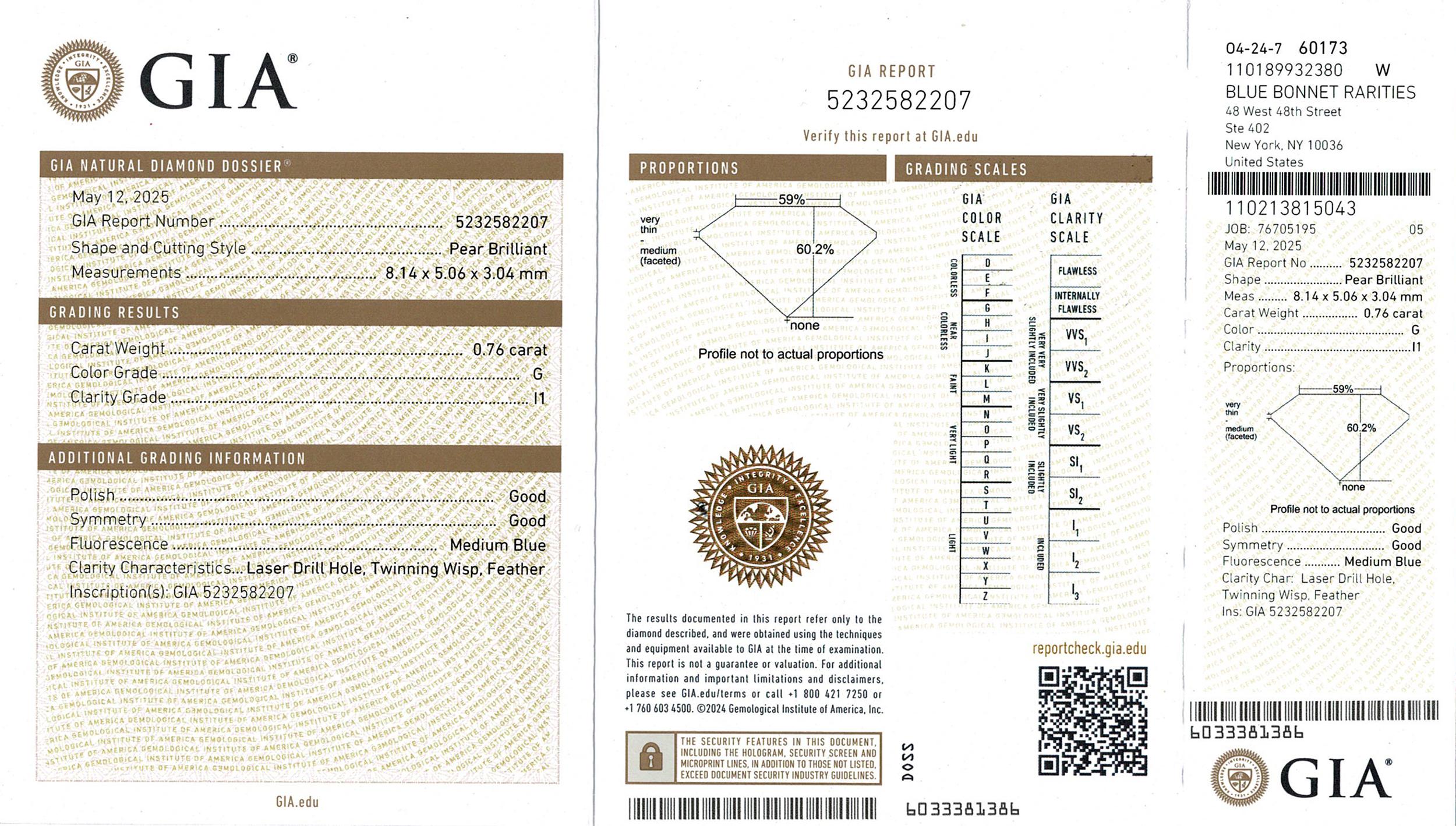 14k Yellow Gold and Platinum GIA G I1 0.76ct Pear Shaped Diamond Engagement Ring