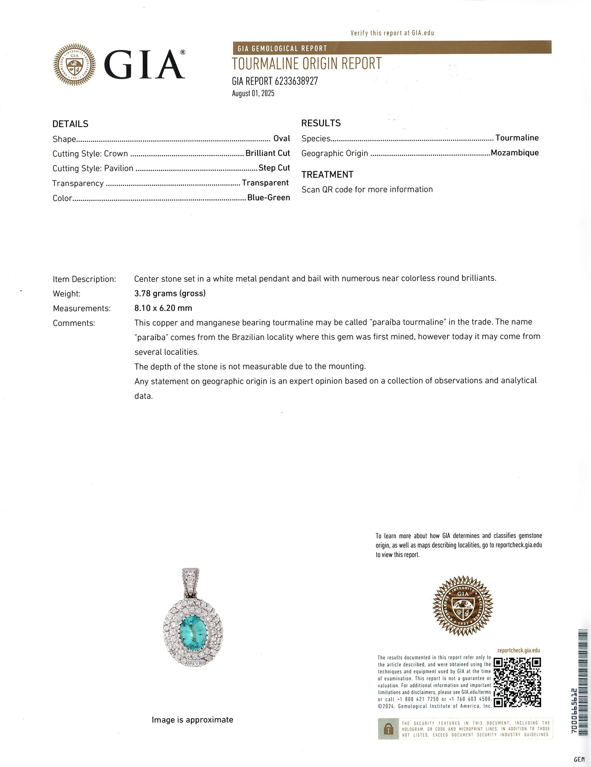 14K White Gold GIA 1.07 Ct Paraiba Tourmaline & 0.70 TCW Diamond Pendant