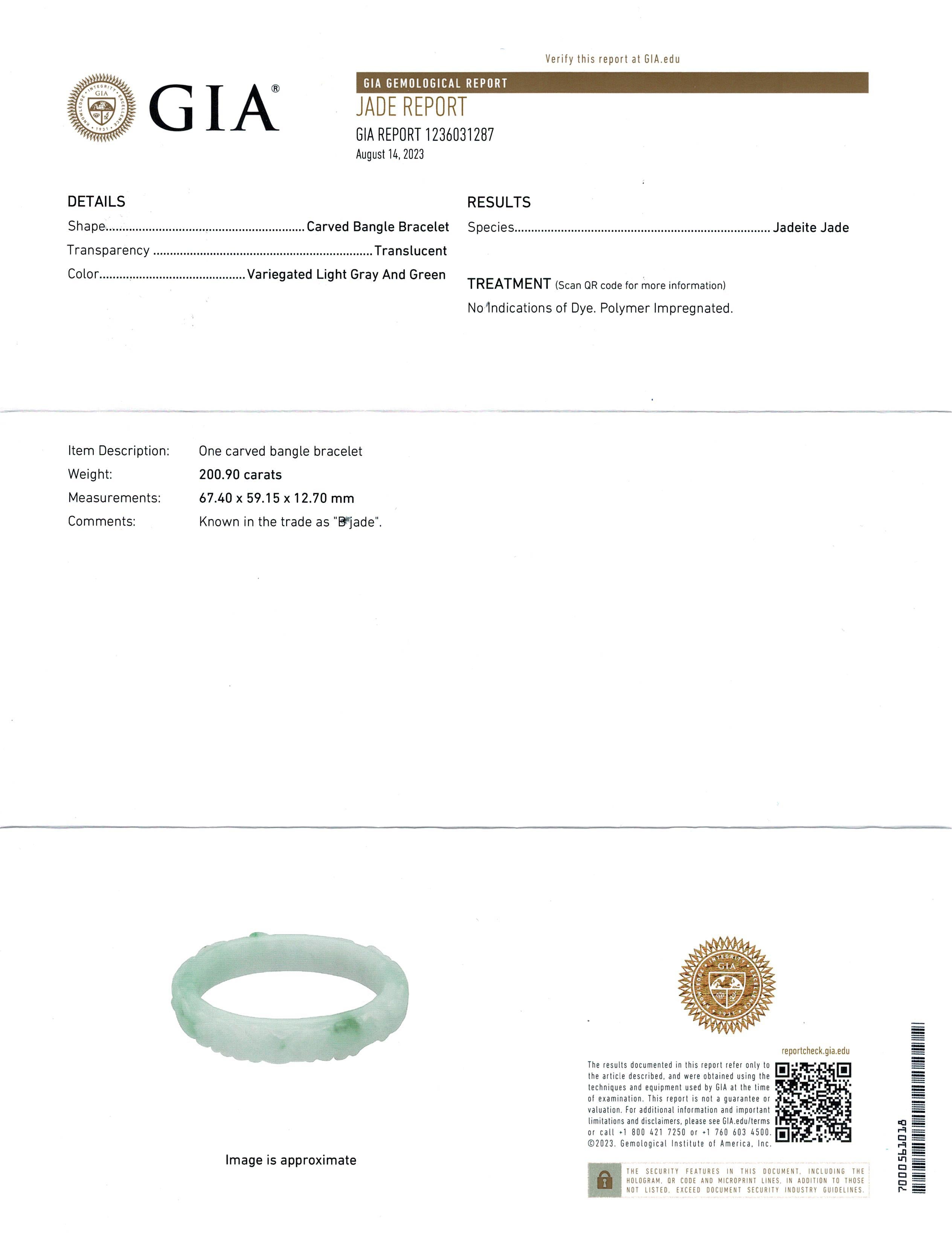 GIA Translucent Variegated Light Gray & Green Carved Jadeite Bangle Bracelet