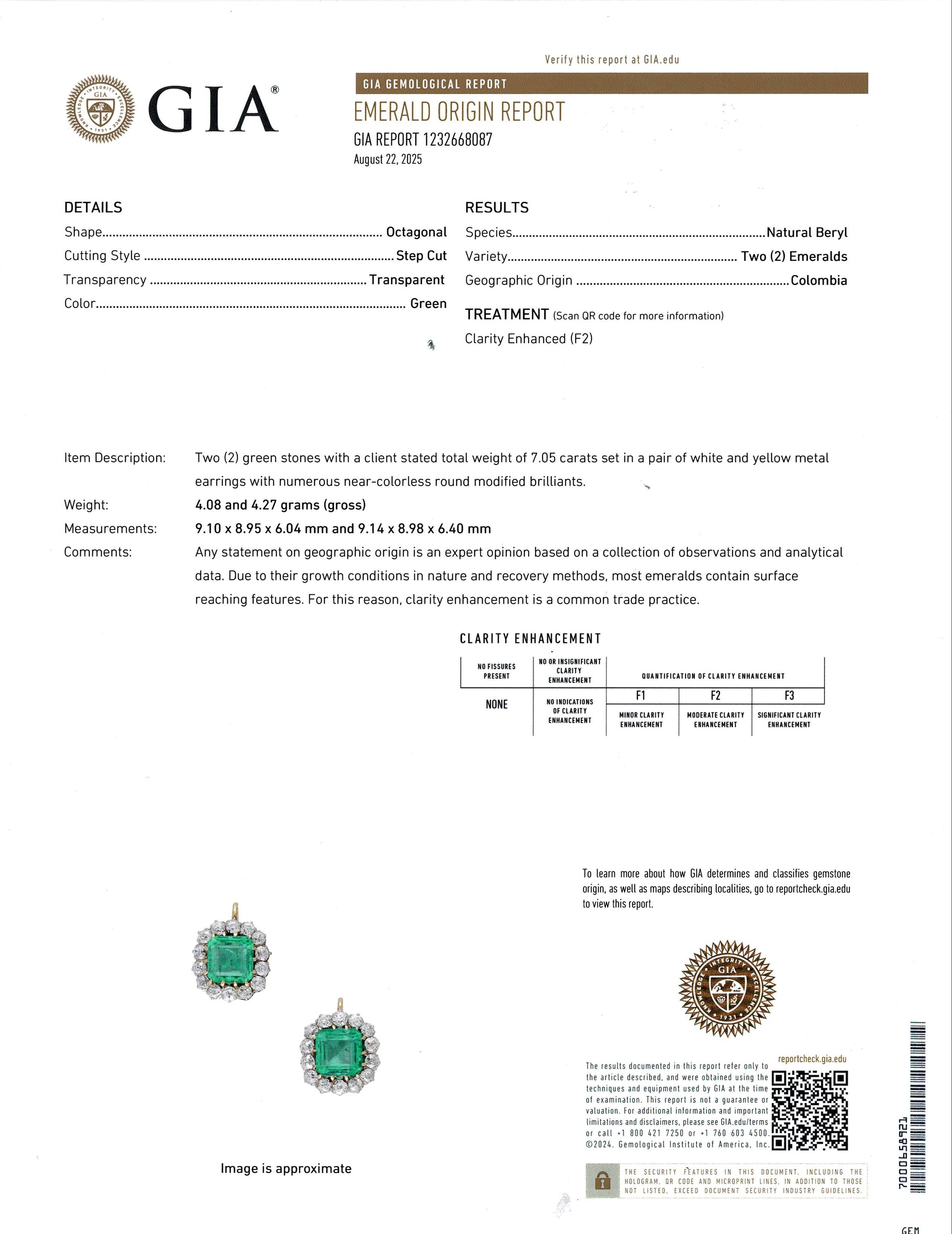 Antique 18k Yellow Gold & Platinum GIA Colombian Emerald & Diamond Earrings