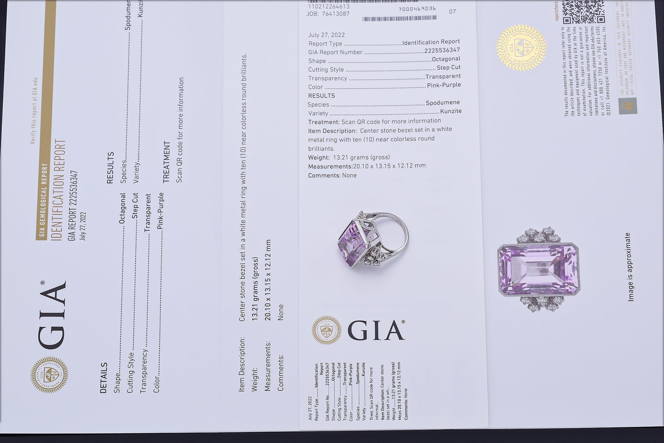 GIA Certified 14K Gold 30.50 Ct Kunzite & 0.80 TCW Diamond Cocktail Ring 13.21 G