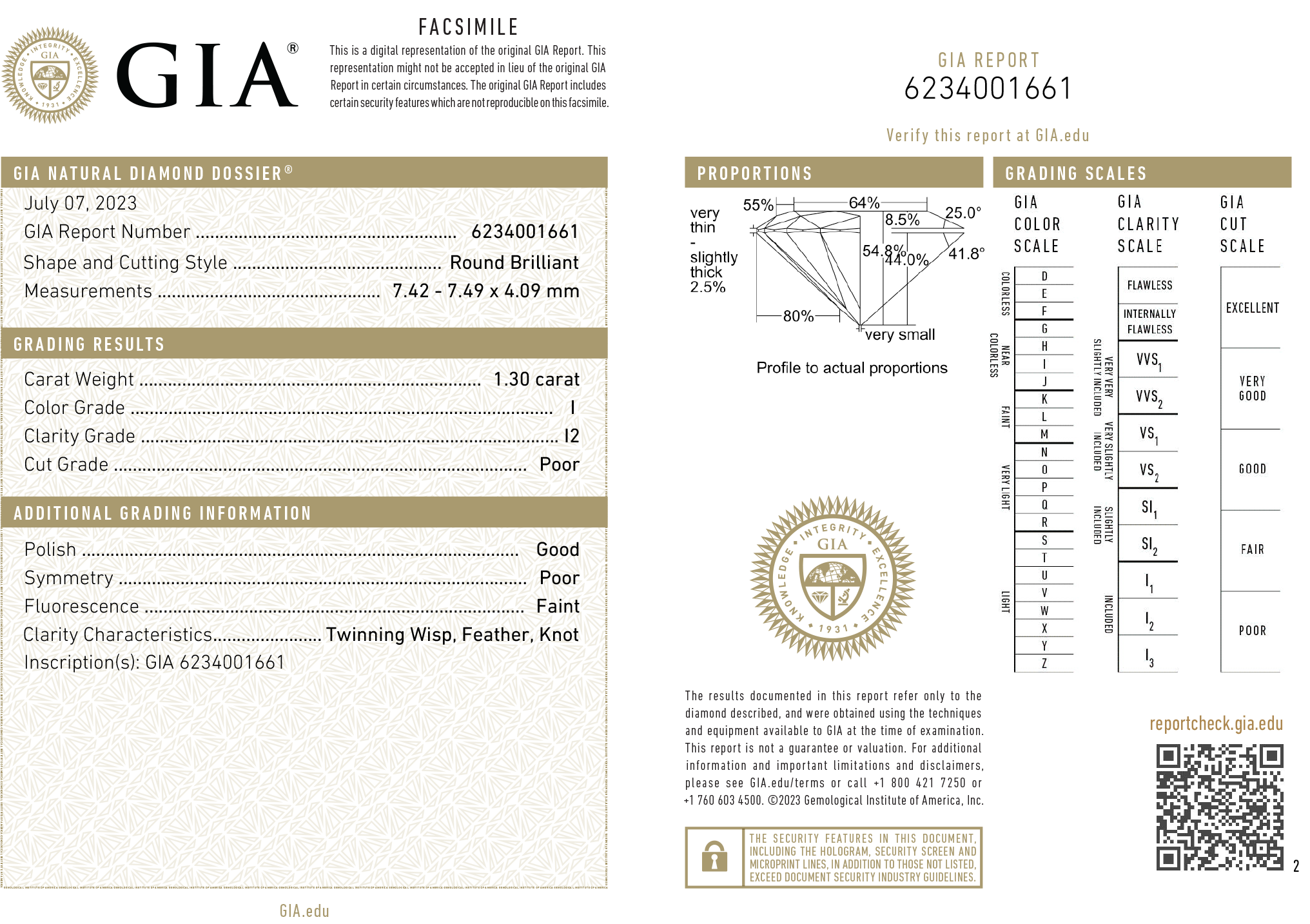 GIA Certified 1.30 Ct Round Brilliant I I2 Diamond 7.42 - 7.49 X 4.09 mm
