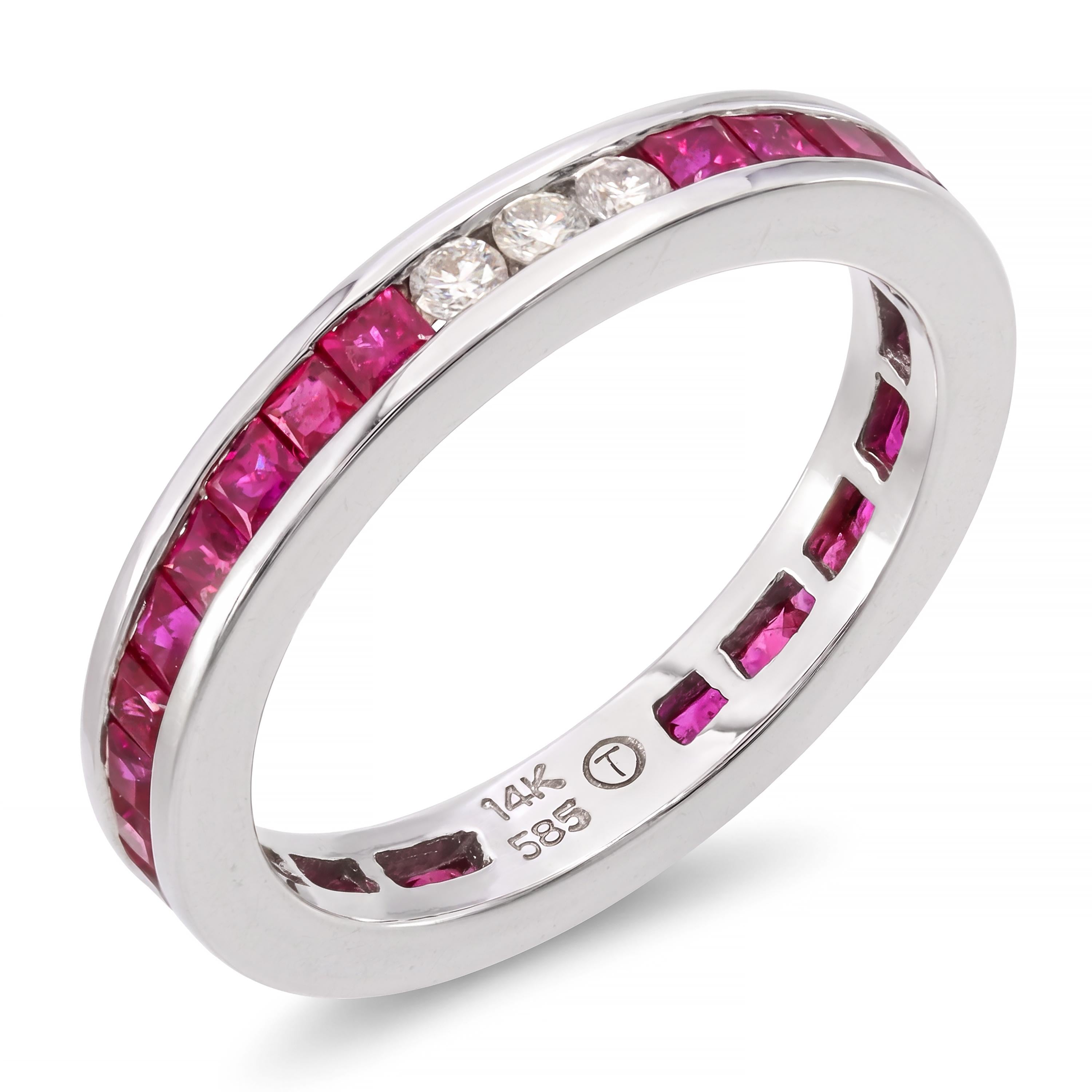 Vintage 14k White Gold Ruby and Diamond Channel Set Eternity Ring