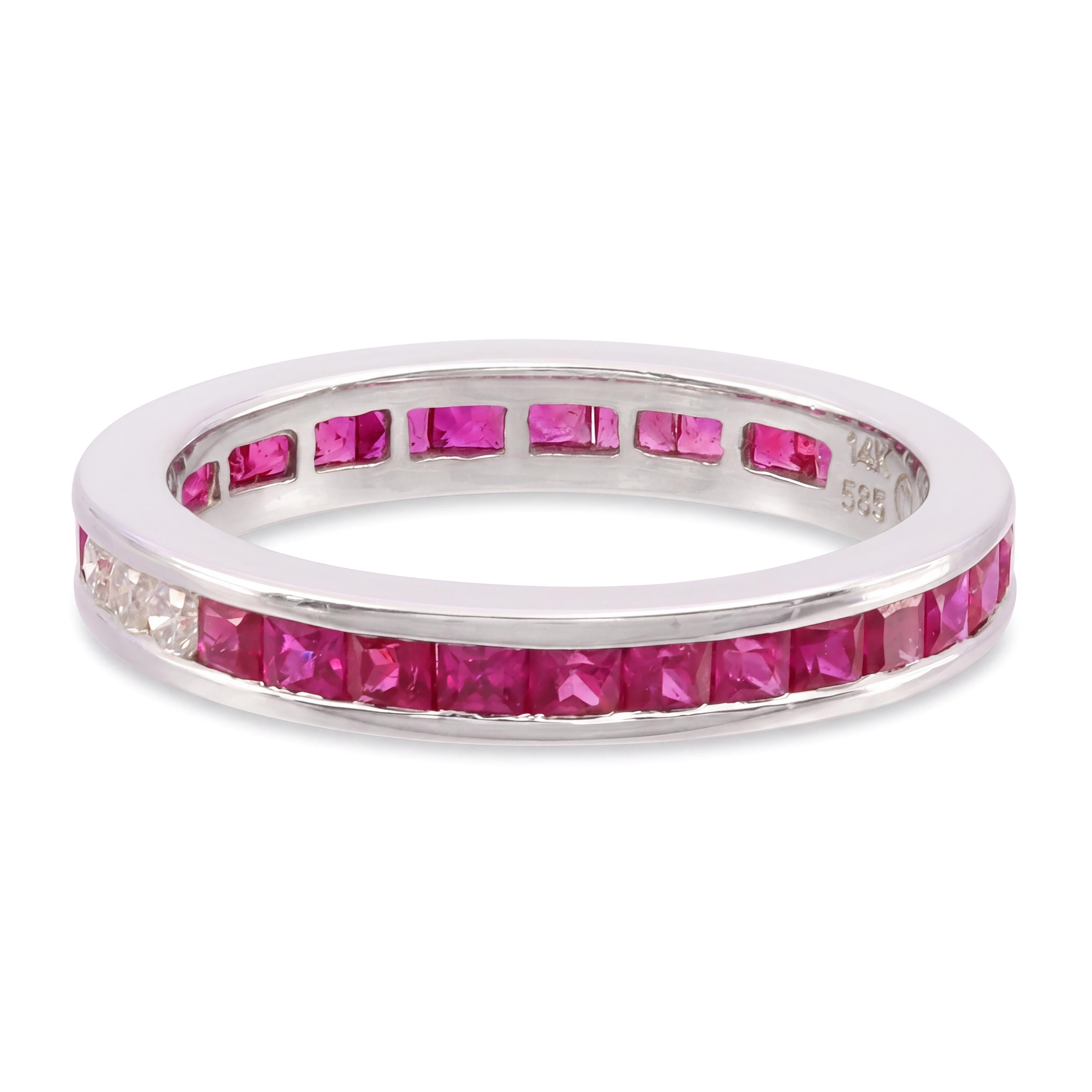 Vintage 14k White Gold Ruby and Diamond Channel Set Eternity Ring
